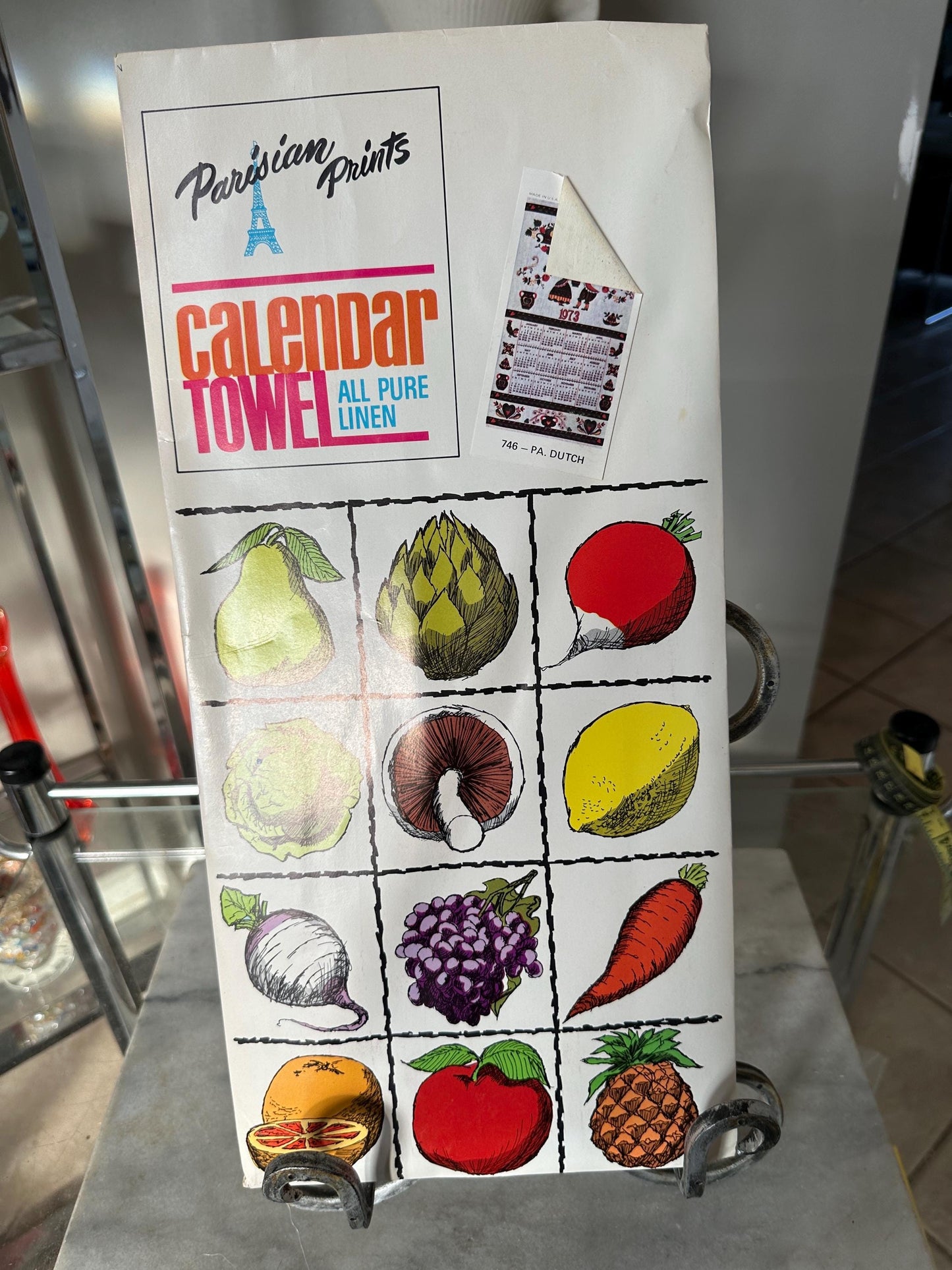 1973 Parisian Prints Linen Kitchen Towel: Vintage Calendar, PA Dutch UNUSED