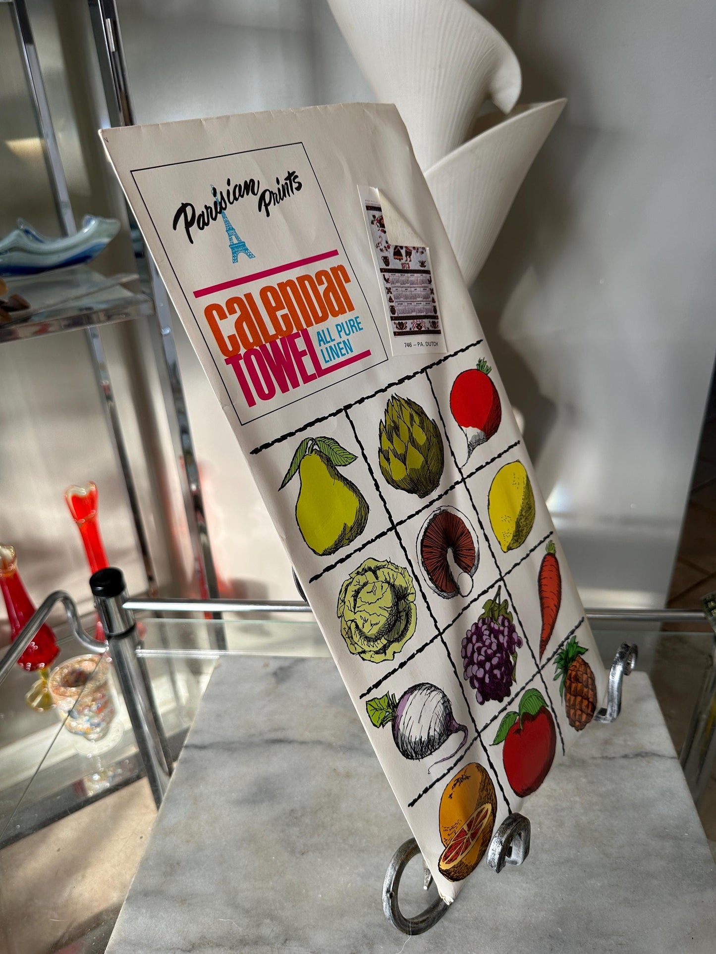 1973 Parisian Prints Linen Kitchen Towel: Vintage Calendar, PA Dutch UNUSED