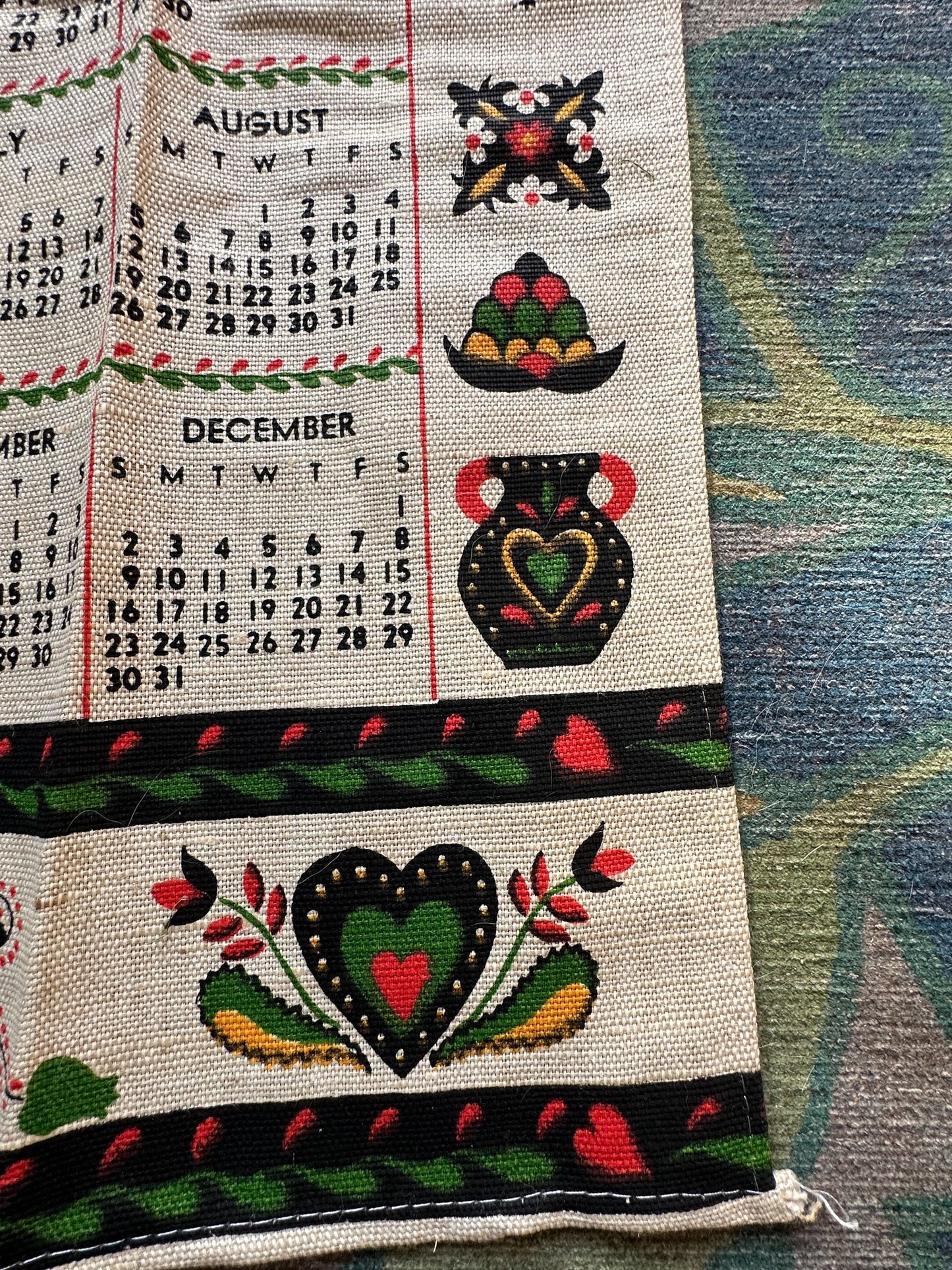 1973 Parisian Prints Linen Kitchen Towel: Vintage Calendar, PA Dutch UNUSED