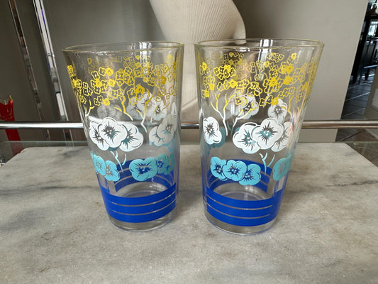 Vintage Pansy Water Glasses: Retro Blue, Yellow & White Tumblers - Set of 2