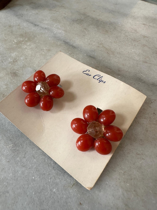 Vintage Orange Bead Cluster Clip On Earrings: West Germany Costume Jewelry