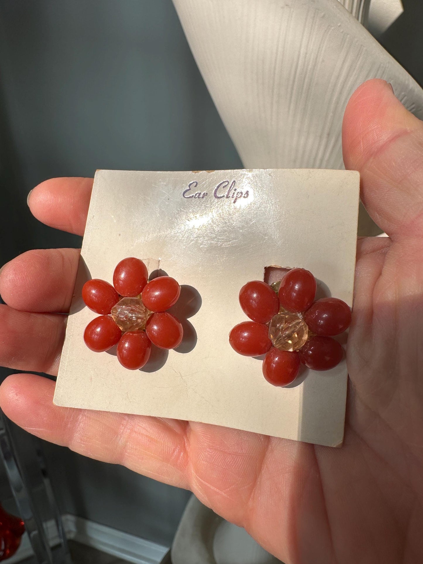 Vintage Orange Bead Cluster Clip On Earrings: West Germany Costume Jewelry