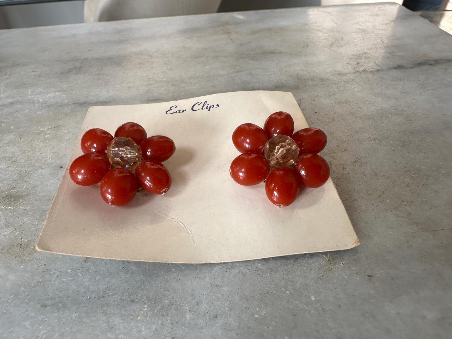Vintage Orange Bead Cluster Clip On Earrings: West Germany Costume Jewelry