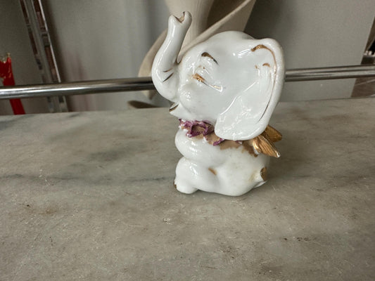 Vintage Porcelain Elephant Angel Figurine, White w Gold Accents, Made in Japan, Kitschy Elephant