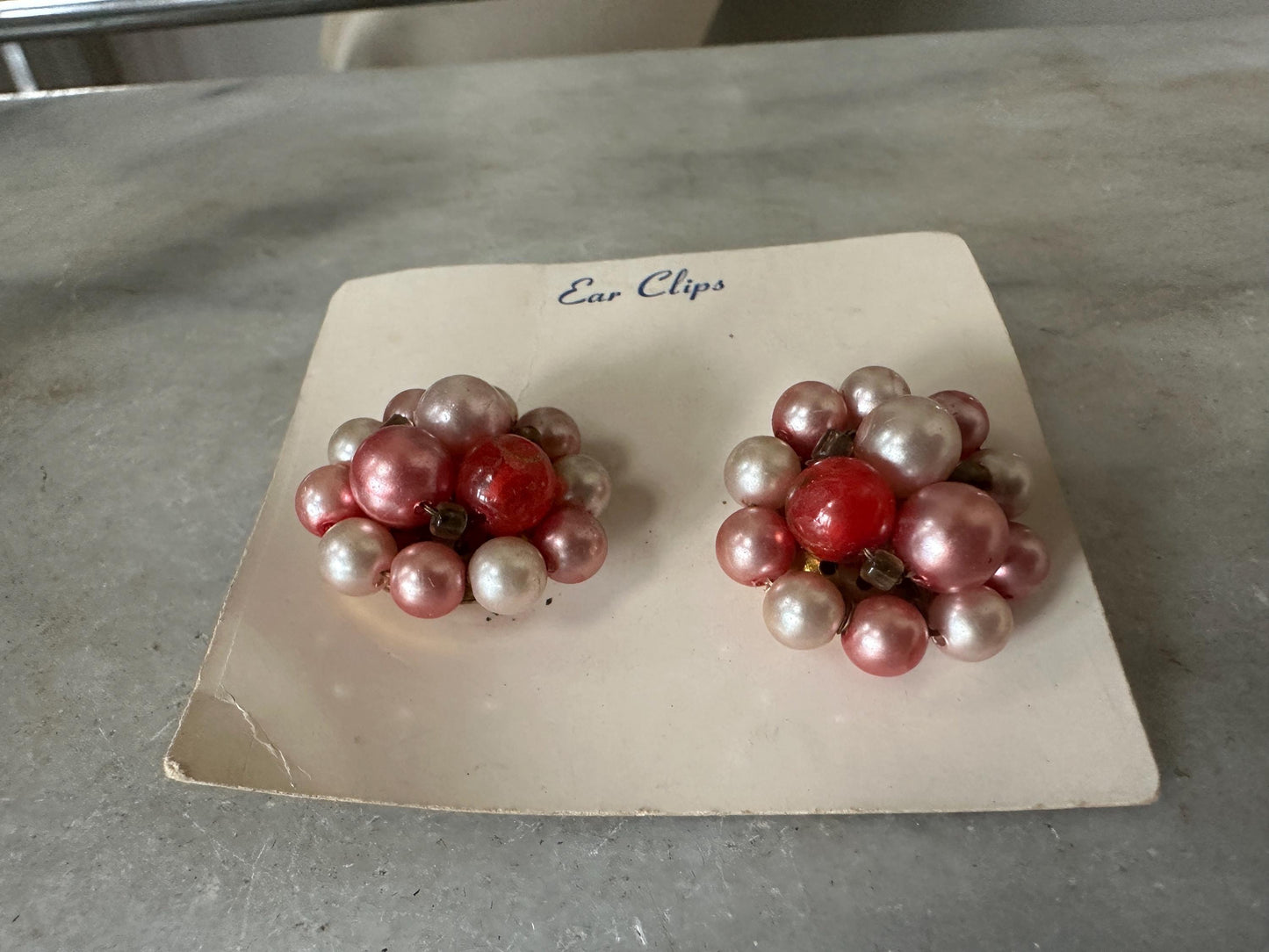 Vintage Japan Bead Cluster Clip On Earrings: Pink & Pearl Costume Jewelry