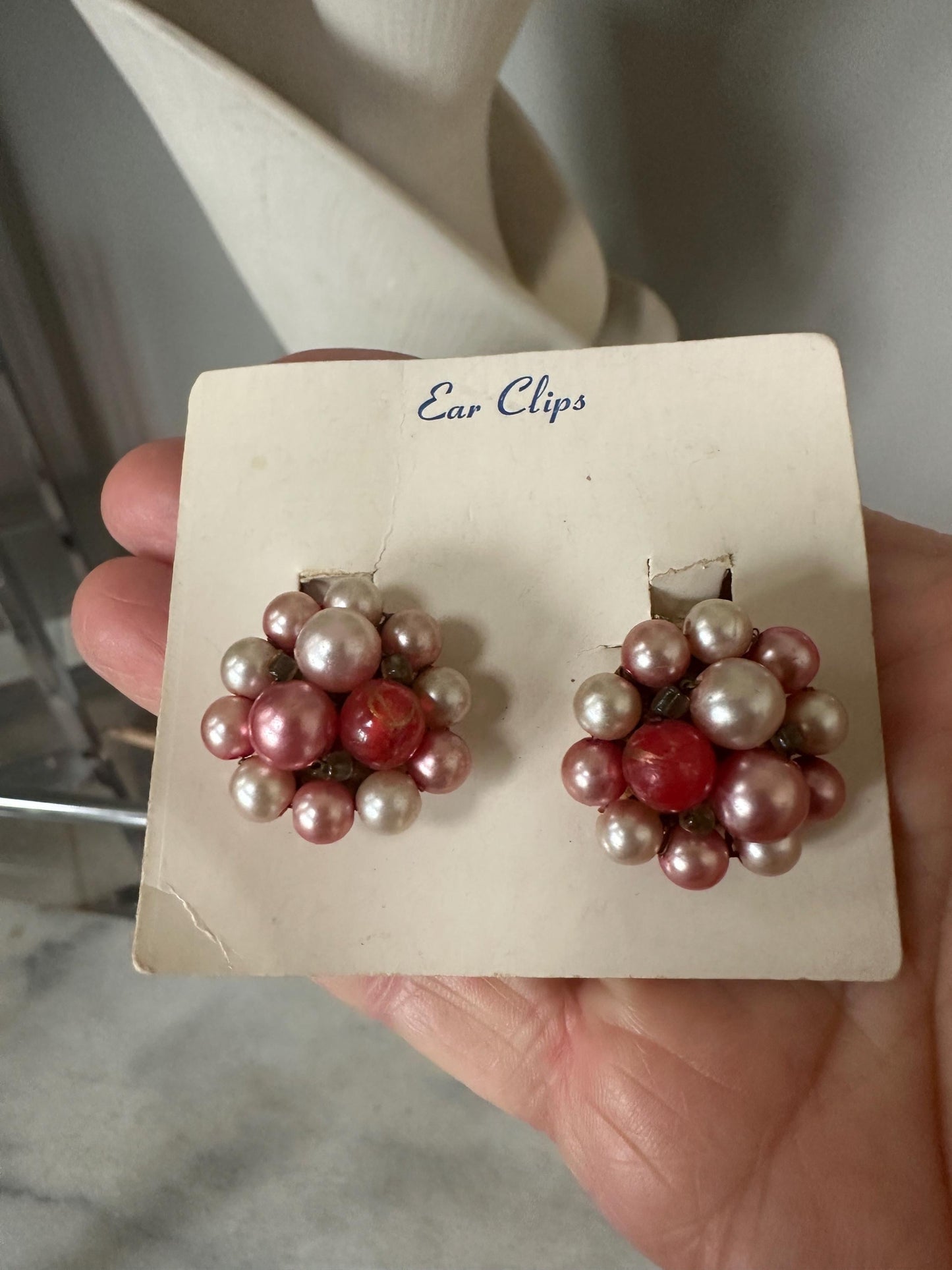 Vintage Japan Bead Cluster Clip On Earrings: Pink & Pearl Costume Jewelry