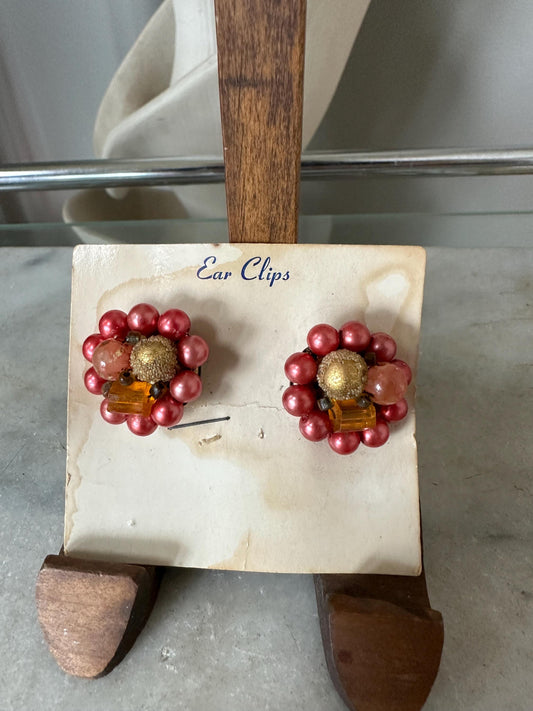 Vintage Japan Bead Cluster Clip On Earrings: Pink & Gold Costume Jewelry