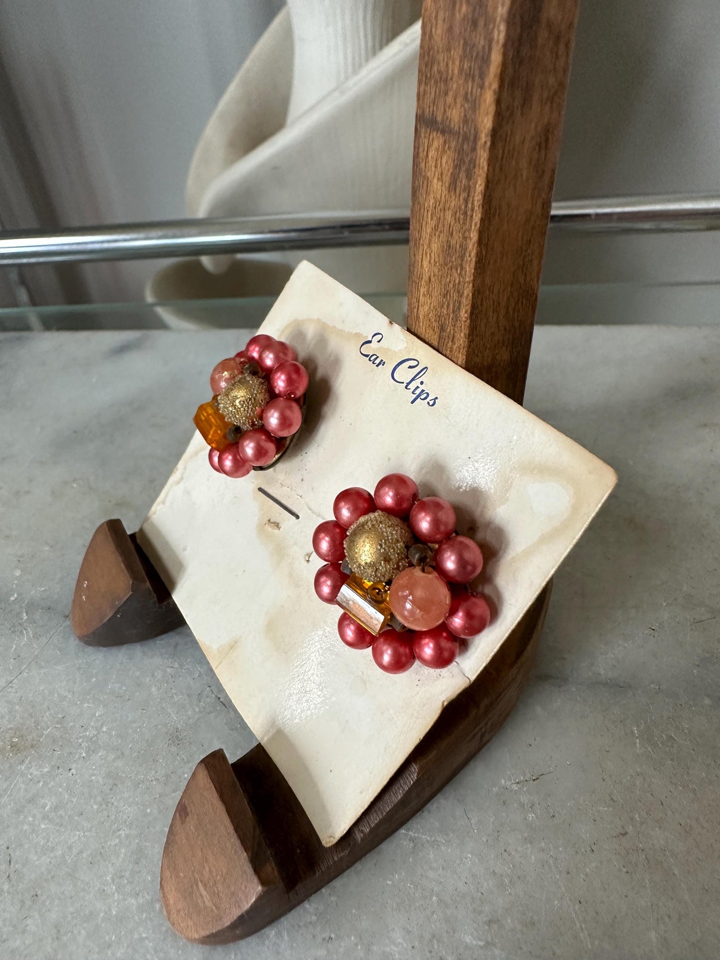 Vintage Japan Bead Cluster Clip On Earrings: Pink & Gold Costume Jewelry