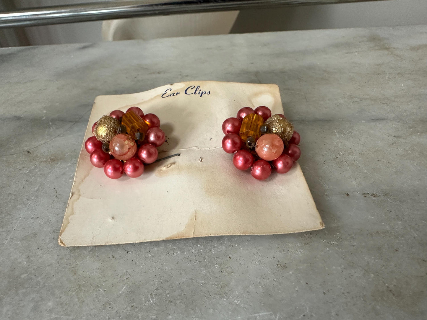 Vintage Japan Bead Cluster Clip On Earrings: Pink & Gold Costume Jewelry