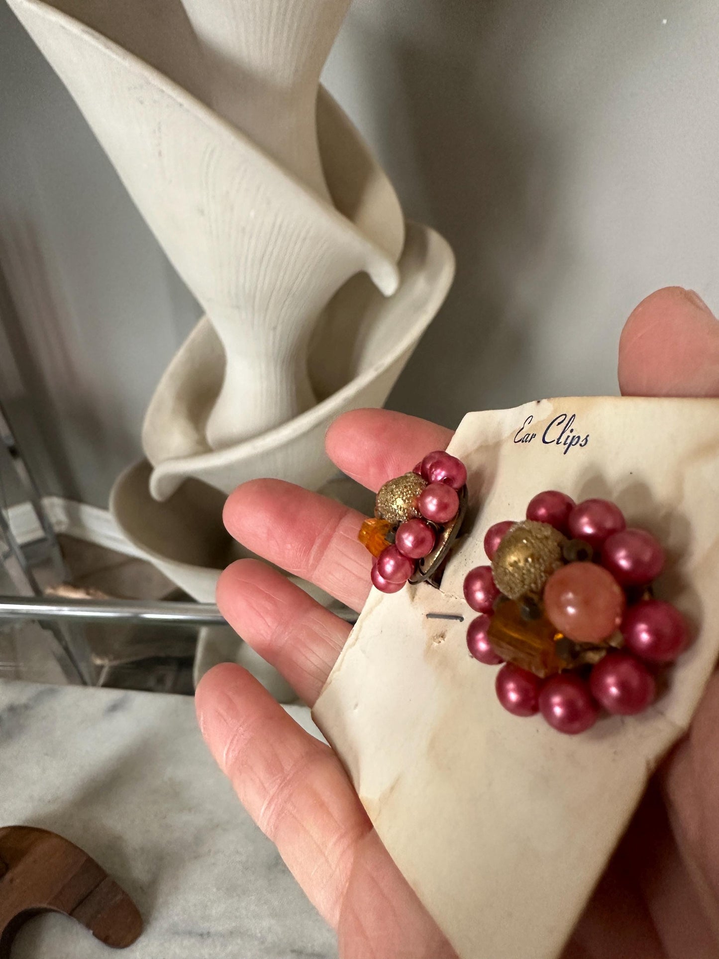 Vintage Japan Bead Cluster Clip On Earrings: Pink & Gold Costume Jewelry