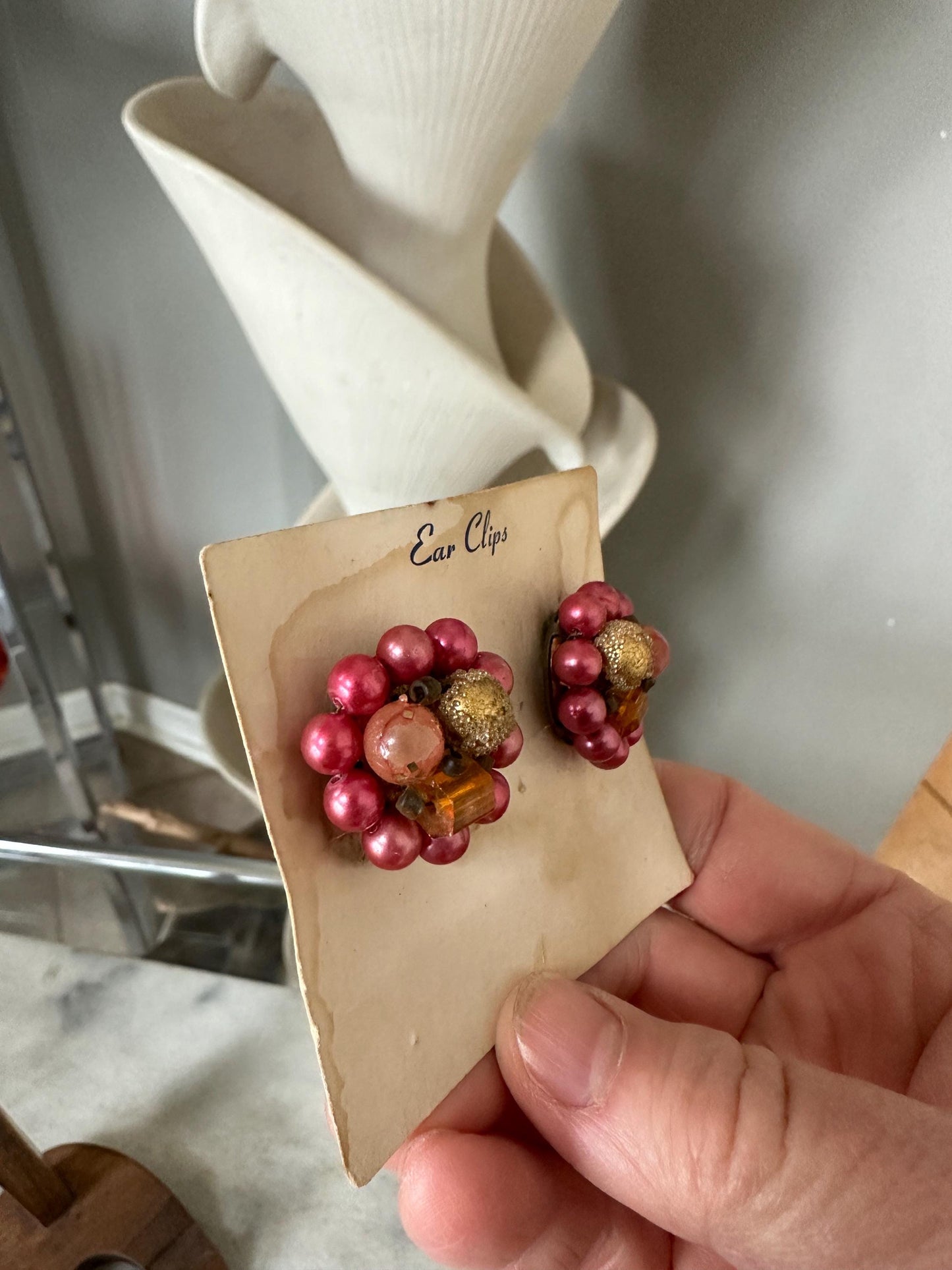 Vintage Japan Bead Cluster Clip On Earrings: Pink & Gold Costume Jewelry