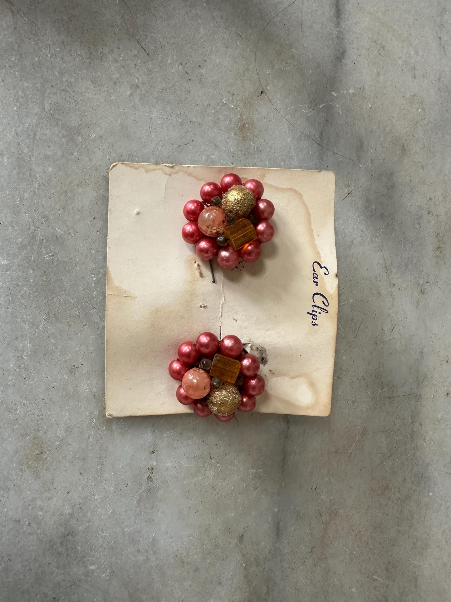 Vintage Japan Bead Cluster Clip On Earrings: Pink & Gold Costume Jewelry