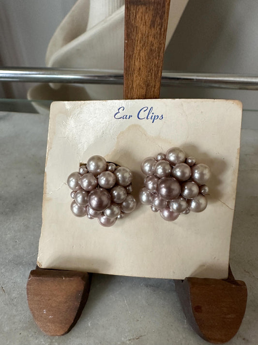 Vintage Japan Bead Cluster Clip On Earrings: Silver Tone Costume Jewelry