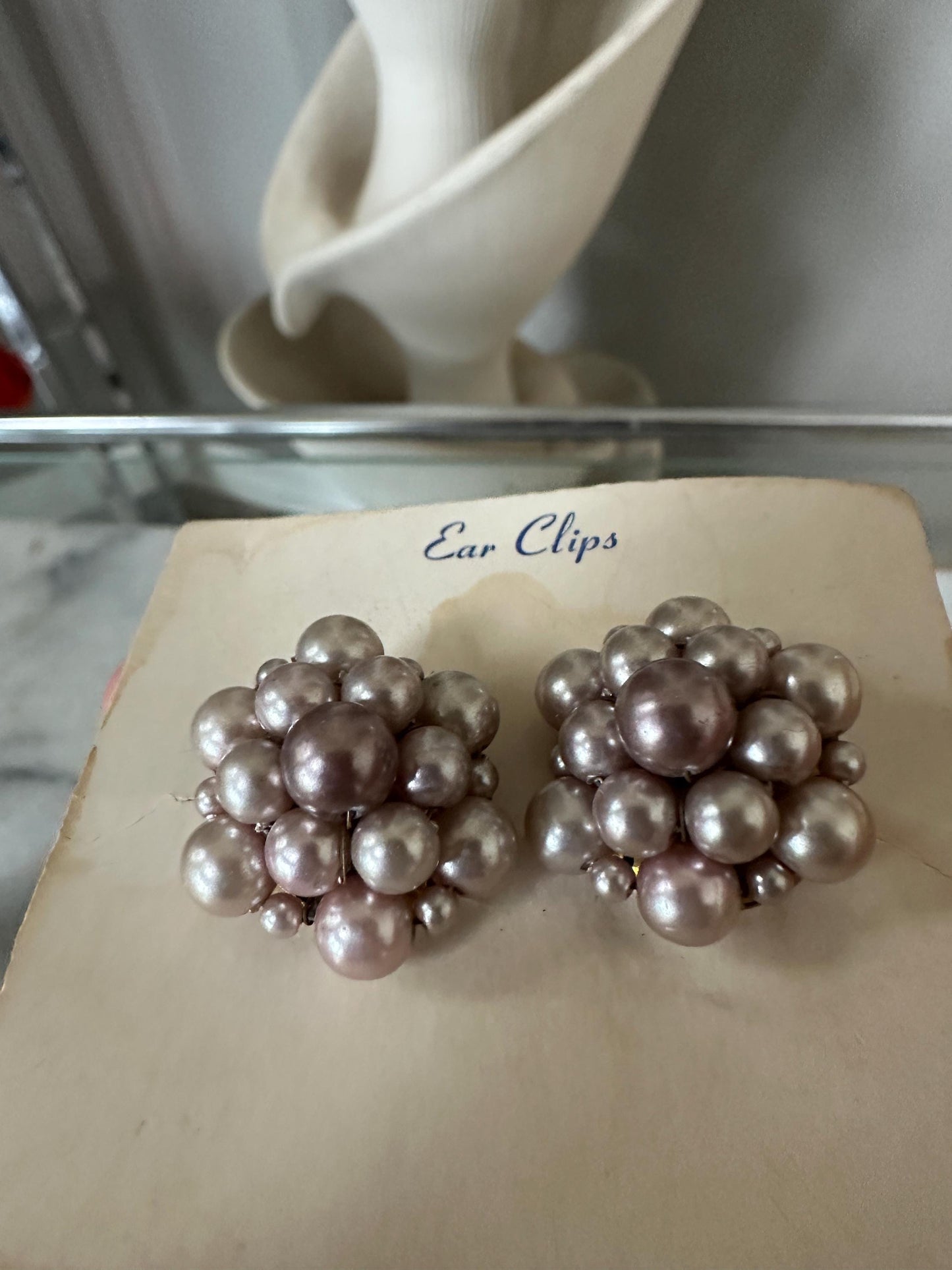 Vintage Japan Bead Cluster Clip On Earrings: Silver Tone Costume Jewelry