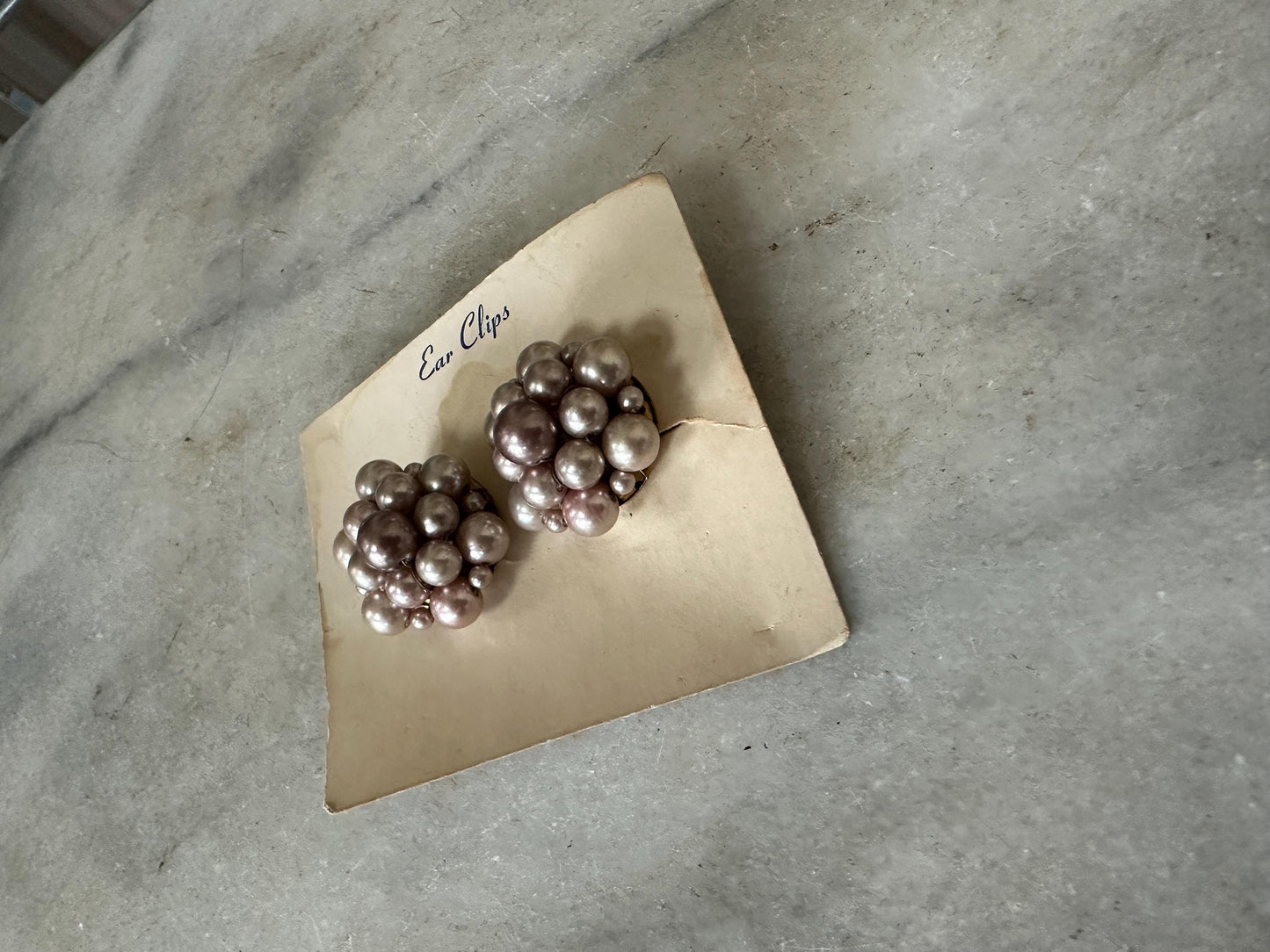 Vintage Japan Bead Cluster Clip On Earrings: Silver Tone Costume Jewelry