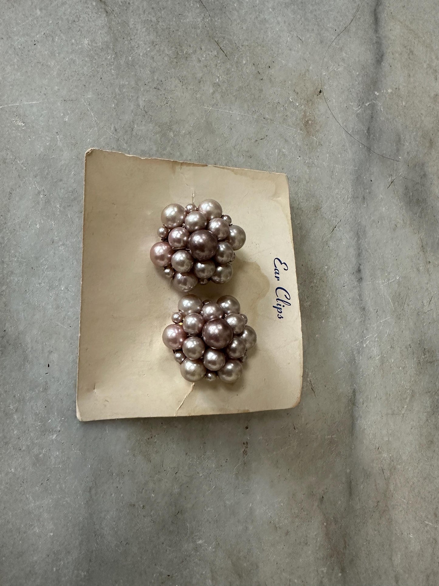 Vintage Japan Bead Cluster Clip On Earrings: Silver Tone Costume Jewelry