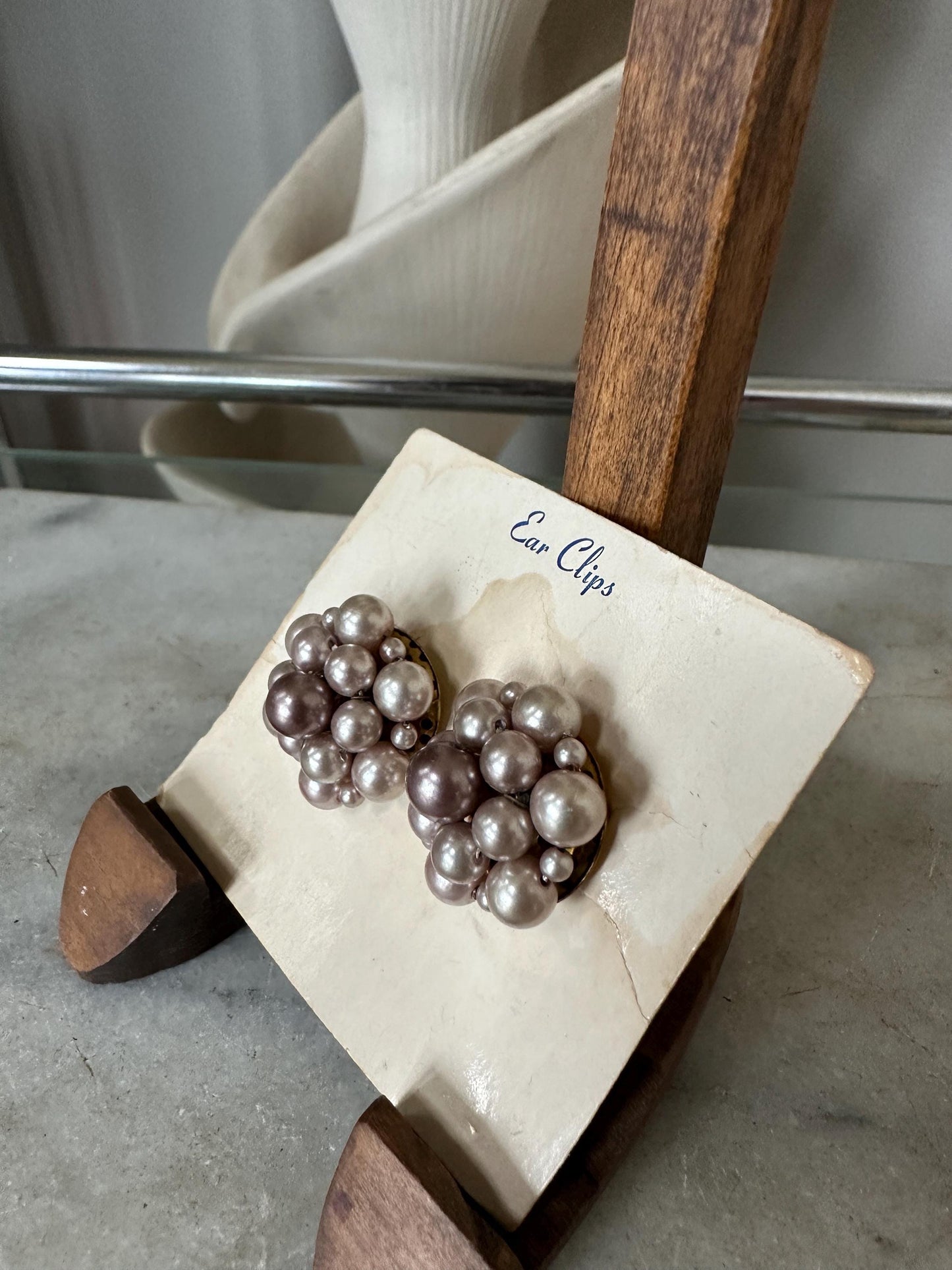 Vintage Japan Bead Cluster Clip On Earrings: Silver Tone Costume Jewelry