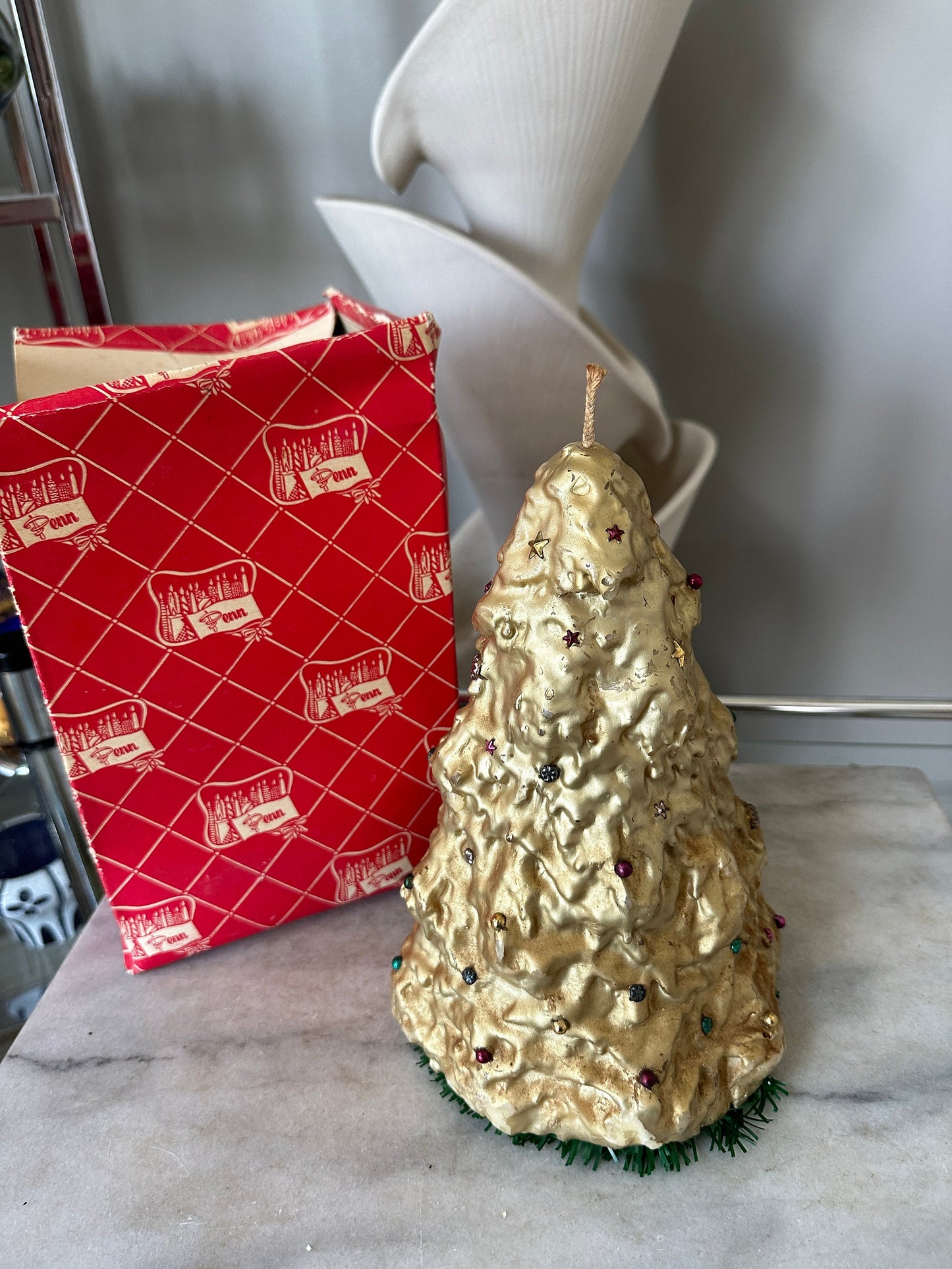 Vintage Large 1950s MCM Penn Wax Works Christmas Tree Holiday Candle ~ 9” H
