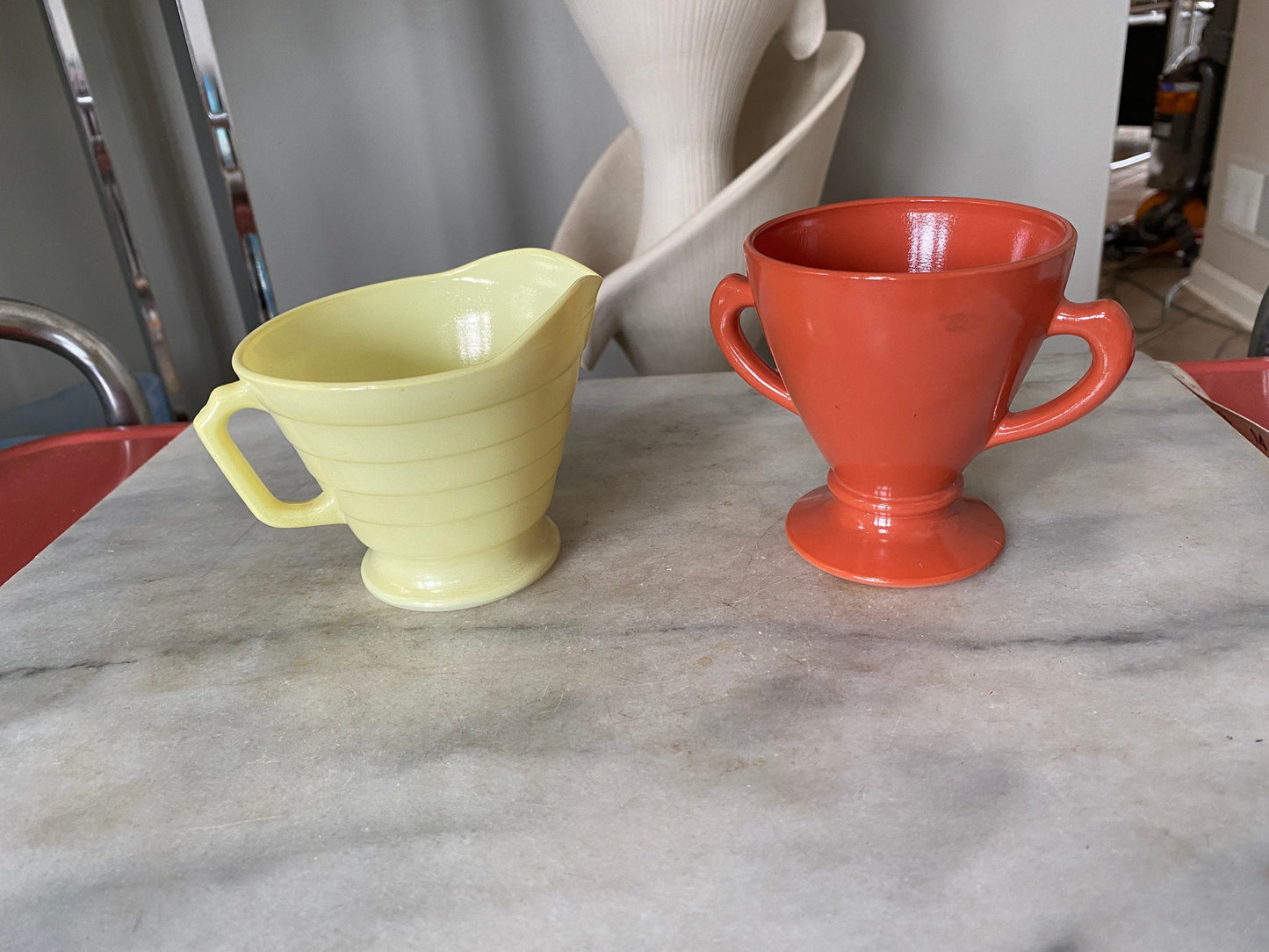 Vintage Moderntone Platonite 1940’s lemon yellow Hazel Atlas Creamer and Burnt Orange Sugwr Bowl