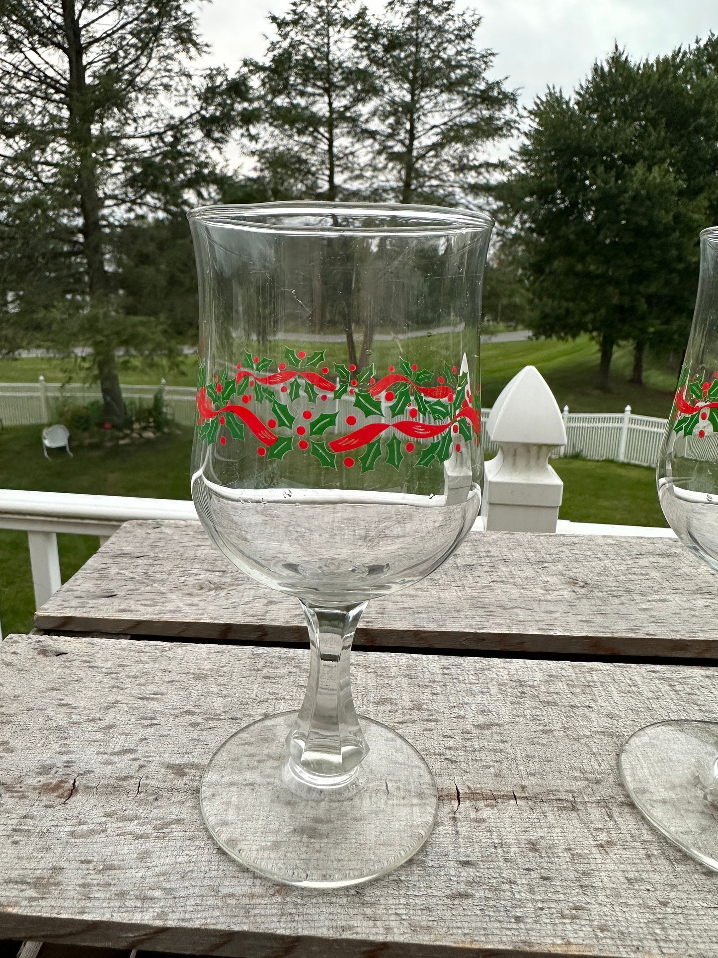 Set of 2 Arby's Christmas Glass; Holly; Red Ribbon; Gold Rimmed; 1990's