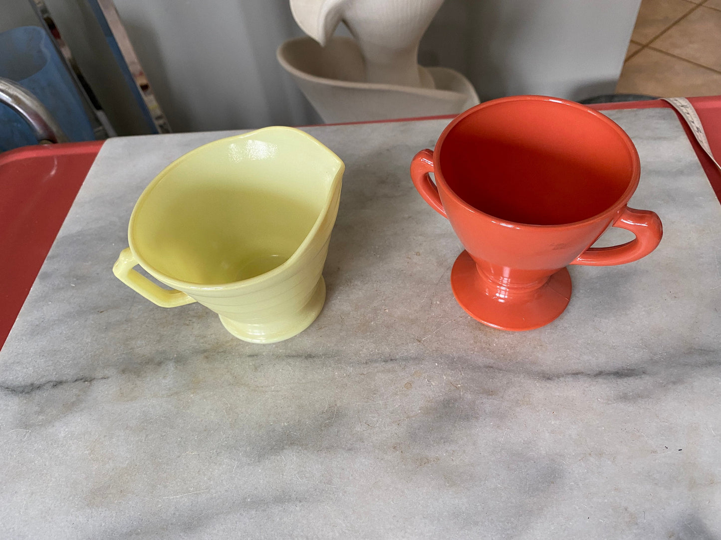 Vintage Moderntone Platonite 1940’s lemon yellow Hazel Atlas Creamer and Burnt Orange Sugwr Bowl