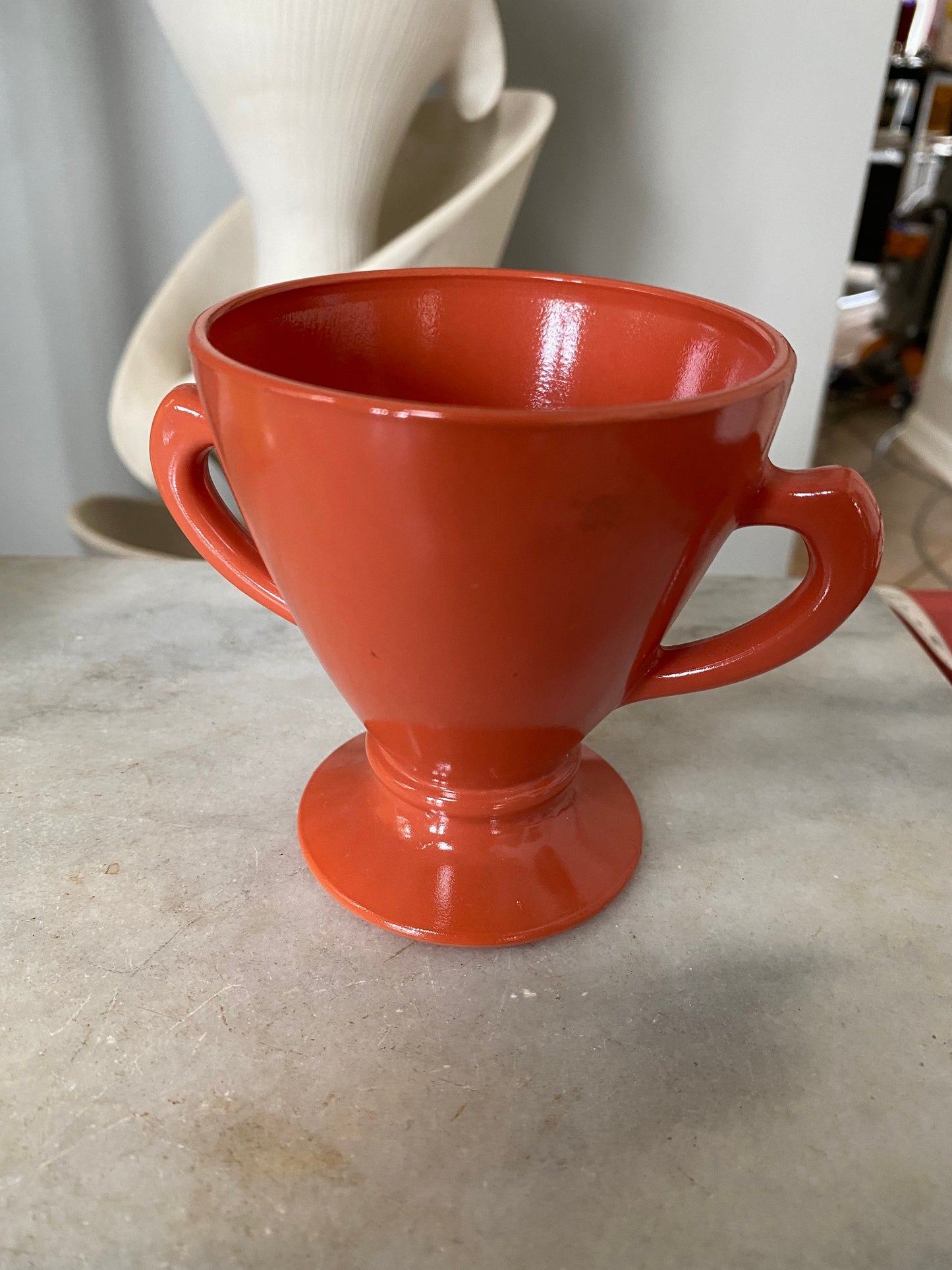 Vintage Moderntone Platonite 1940’s lemon yellow Hazel Atlas Creamer and Burnt Orange Sugwr Bowl