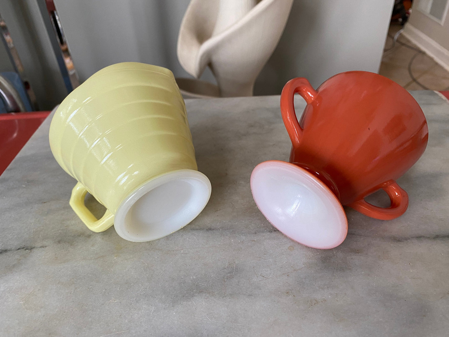 Vintage Moderntone Platonite 1940’s lemon yellow Hazel Atlas Creamer and Burnt Orange Sugwr Bowl