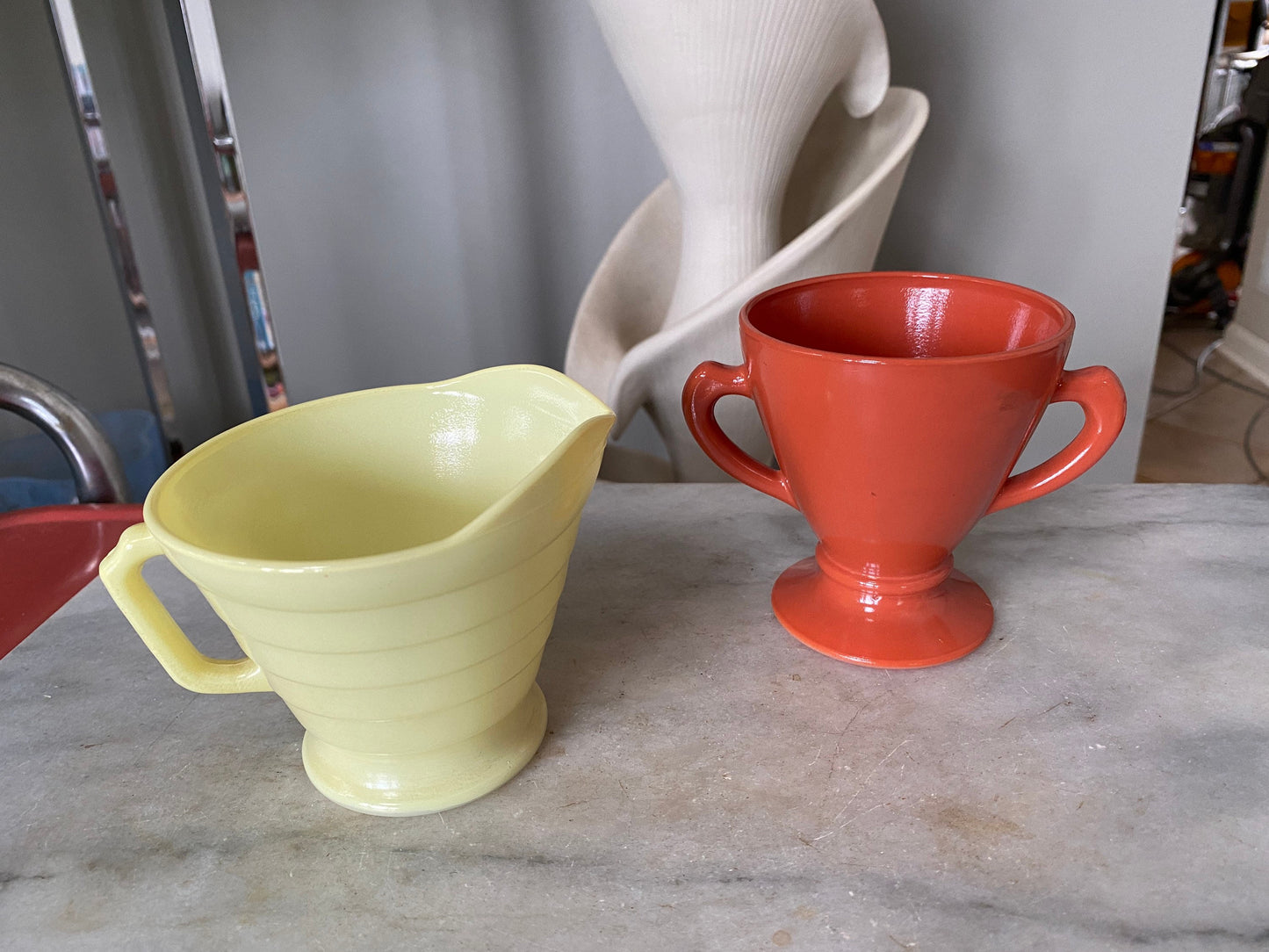 Vintage Moderntone Platonite 1940’s lemon yellow Hazel Atlas Creamer and Burnt Orange Sugwr Bowl