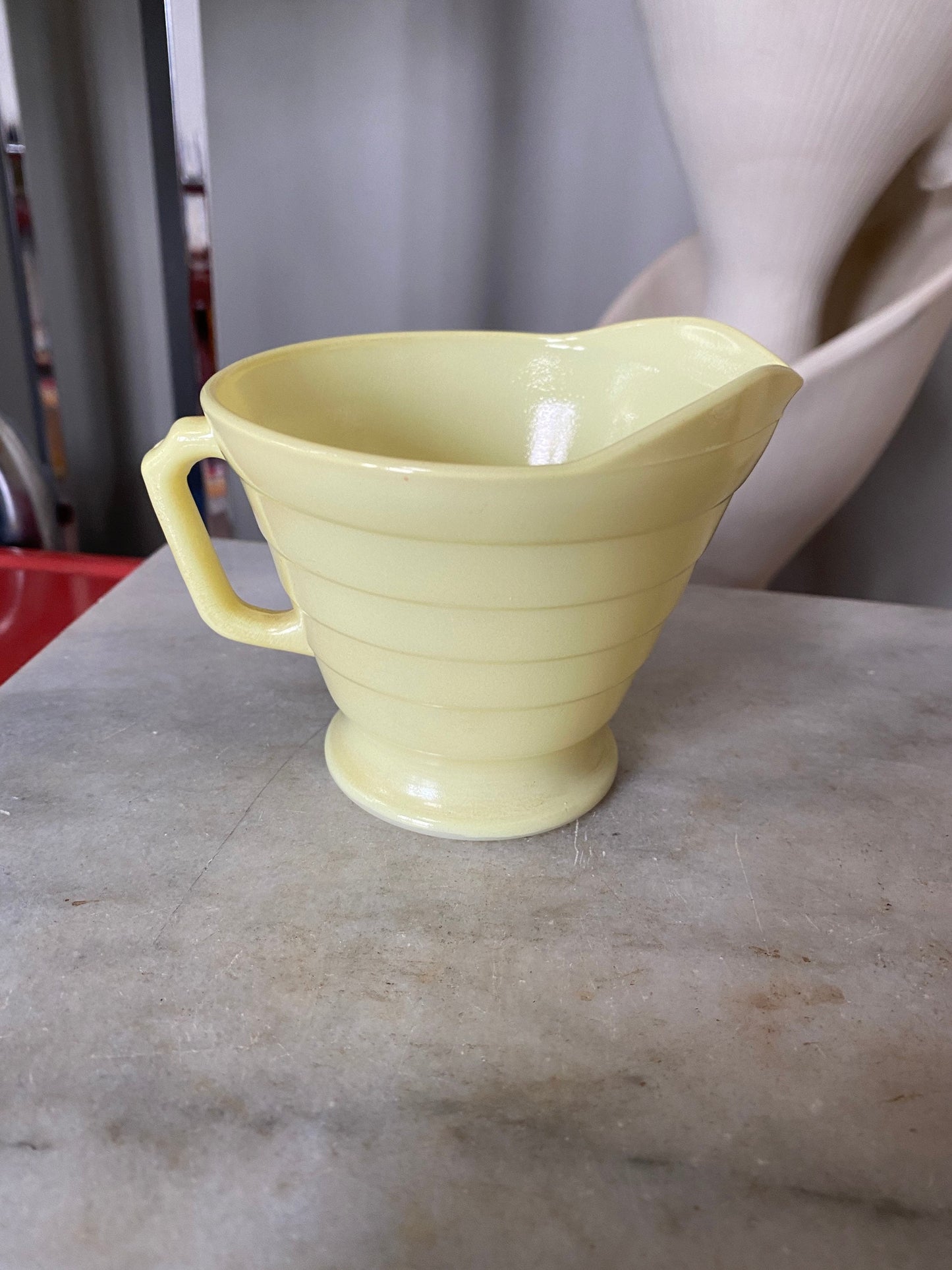 Vintage Moderntone Platonite 1940’s lemon yellow Hazel Atlas Creamer and Burnt Orange Sugwr Bowl