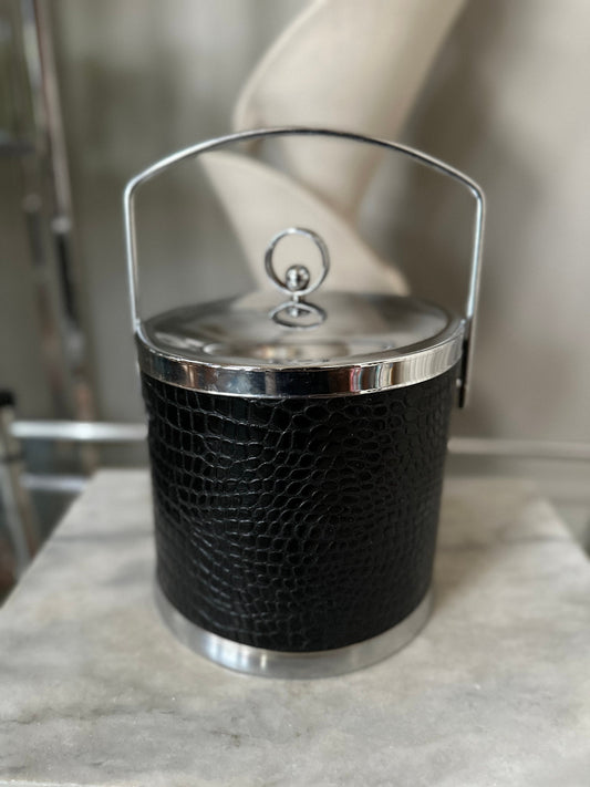 Vintage Chrome Ice Bucket: Black Faux Alligator Leather MCM Barware