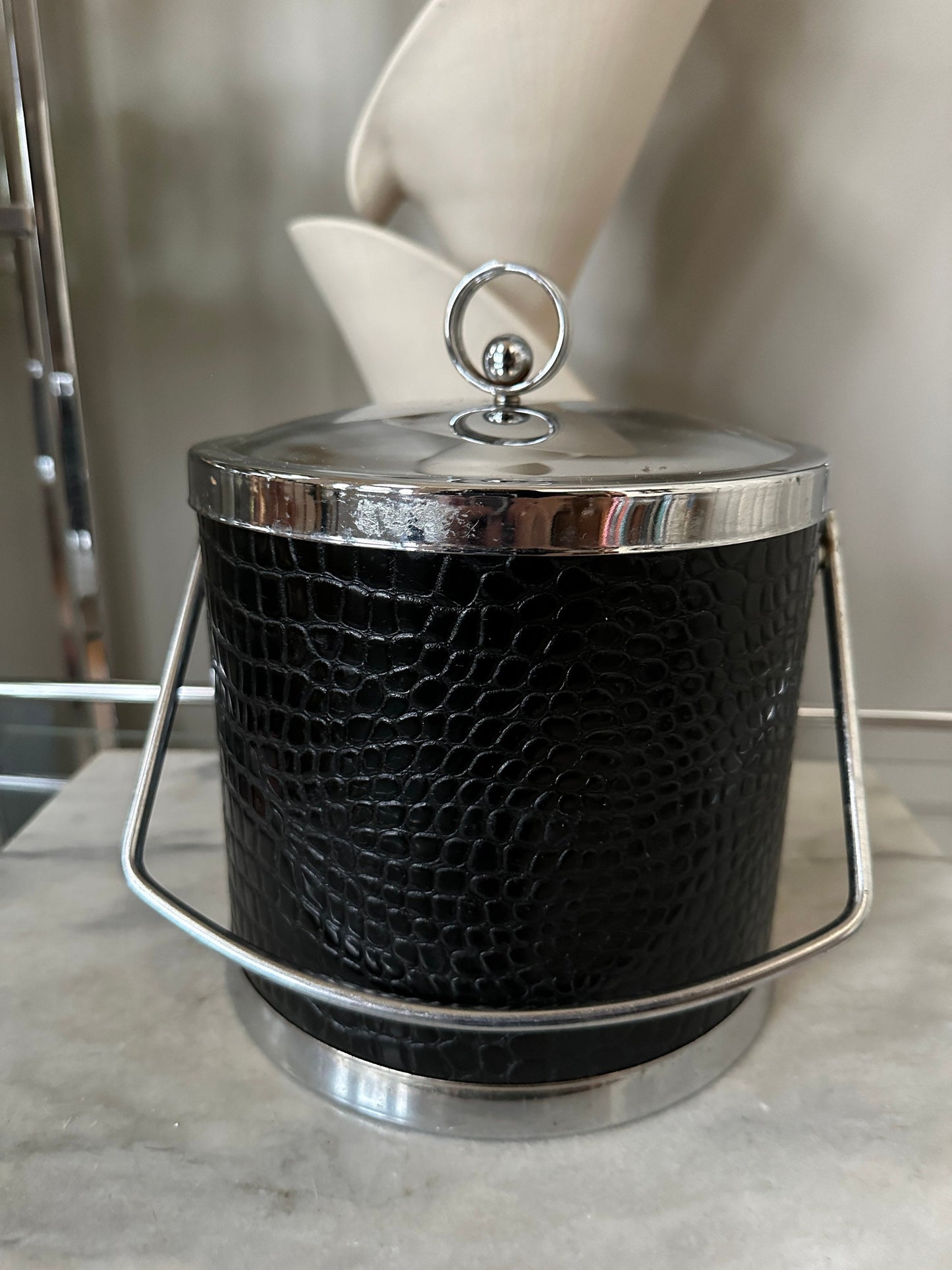 Vintage Chrome Ice Bucket: Black Faux Alligator Leather MCM Barware