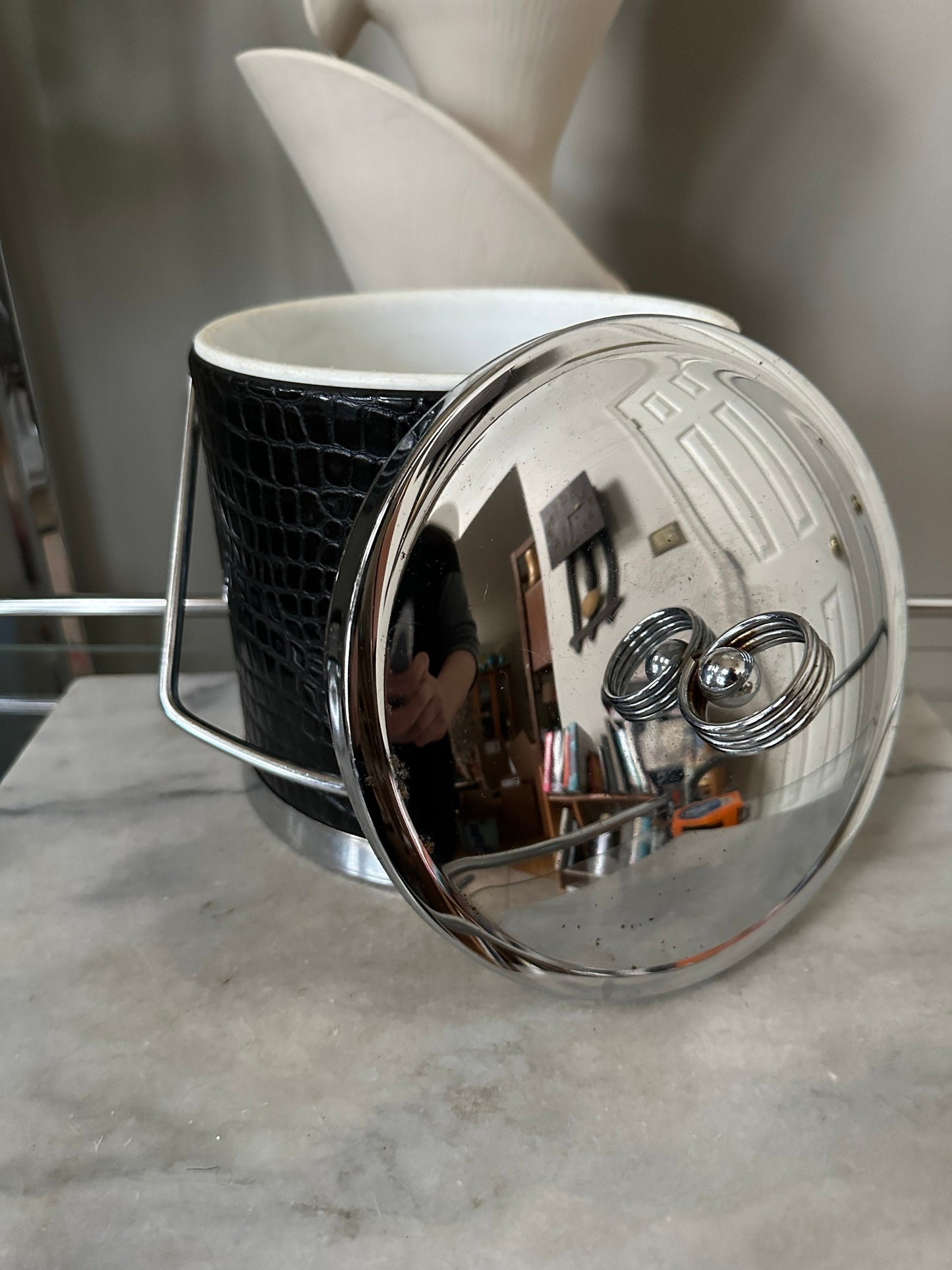 Vintage Chrome Ice Bucket: Black Faux Alligator Leather MCM Barware