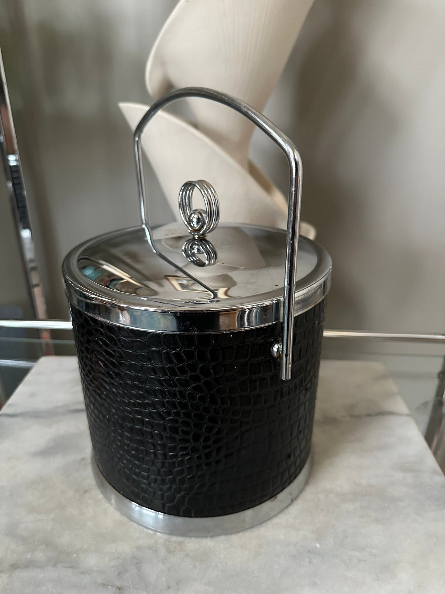 Vintage Chrome Ice Bucket: Black Faux Alligator Leather MCM Barware