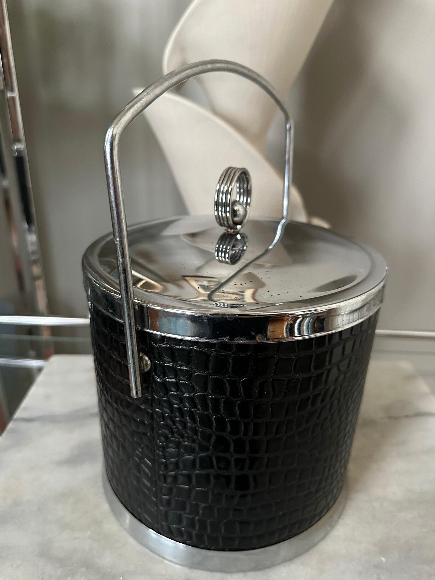 Vintage Chrome Ice Bucket: Black Faux Alligator Leather MCM Barware