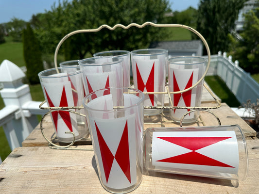Vintage Anchor Hocking Bow Tie Tumblers (Set of 8) - MCM Barware with Wire Caddy