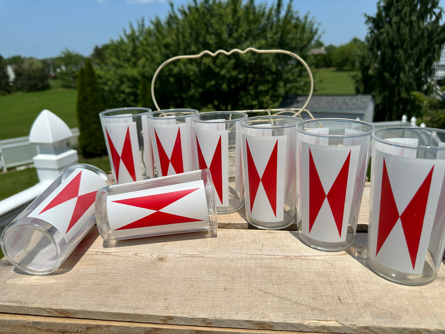 Vintage Anchor Hocking Bow Tie Tumblers (Set of 8) - MCM Barware with Wire Caddy