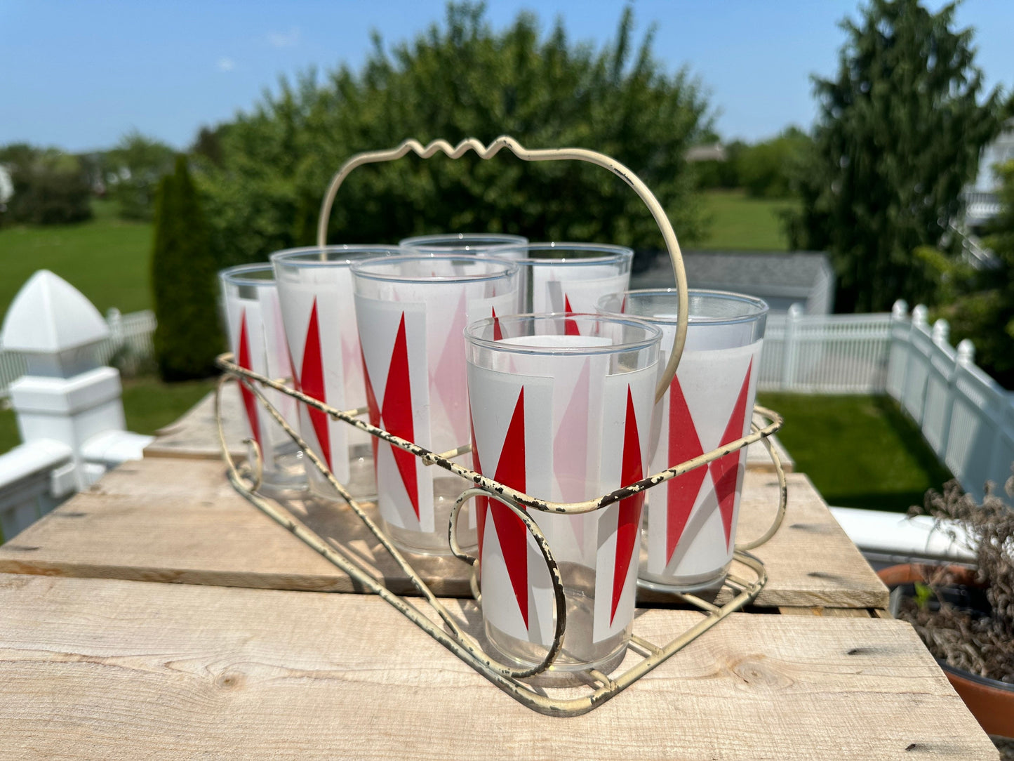 Vintage Anchor Hocking Bow Tie Tumblers (Set of 8) - MCM Barware with Wire Caddy