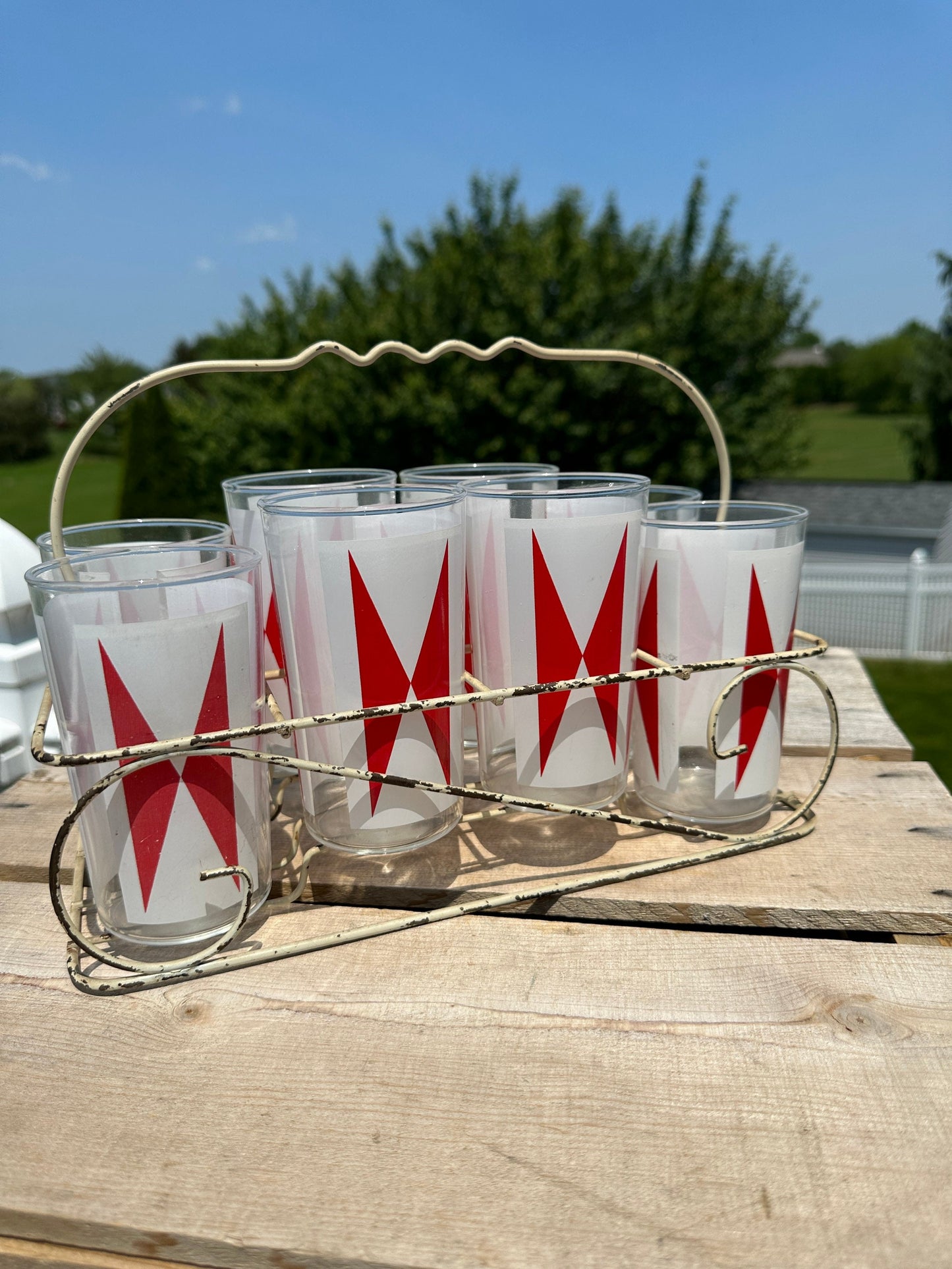 Vintage Anchor Hocking Bow Tie Tumblers (Set of 8) - MCM Barware with Wire Caddy