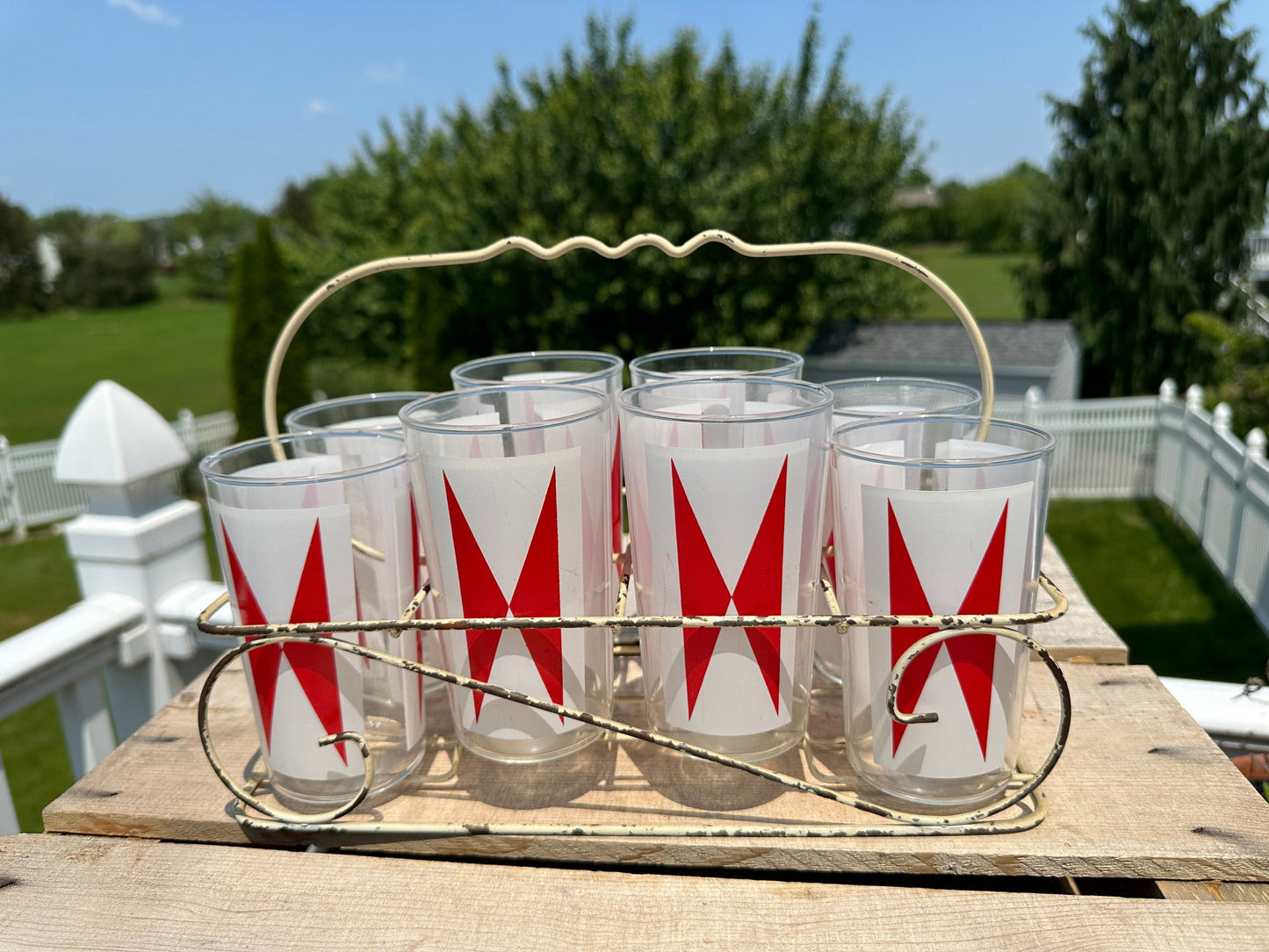 Vintage Anchor Hocking Bow Tie Tumblers (Set of 8) - MCM Barware with Wire Caddy