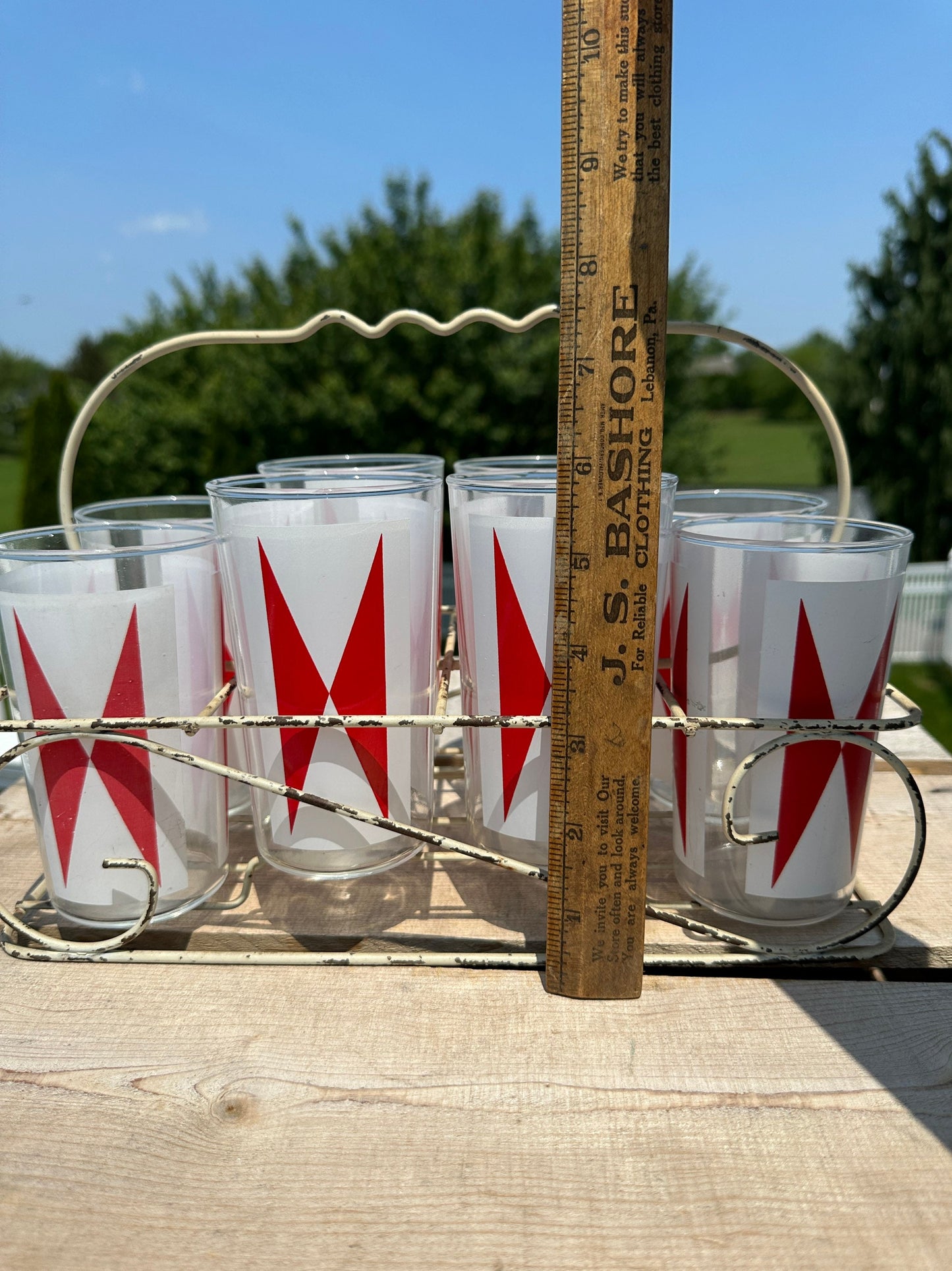Vintage Anchor Hocking Bow Tie Tumblers (Set of 8) - MCM Barware with Wire Caddy