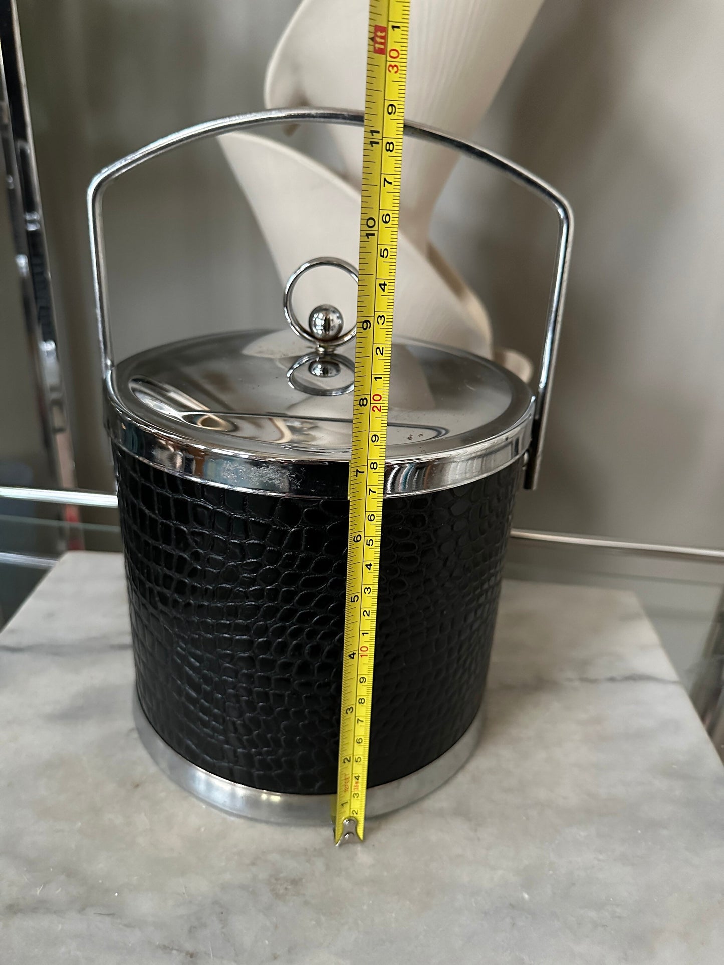 Vintage Chrome Ice Bucket: Black Faux Alligator Leather MCM Barware