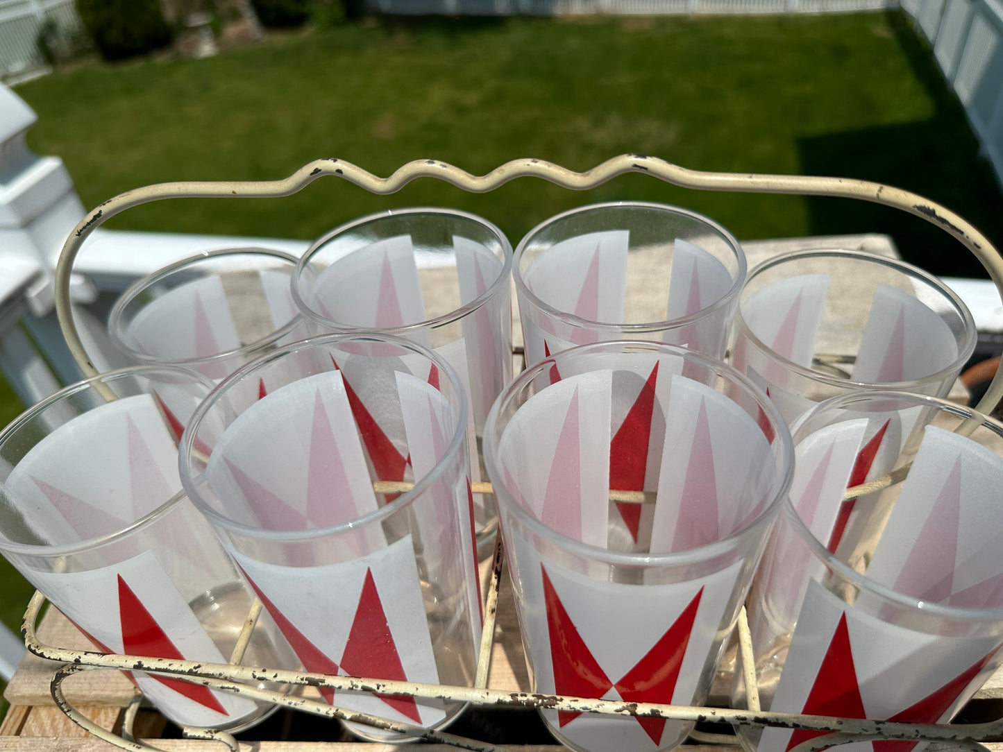 Vintage Anchor Hocking Bow Tie Tumblers (Set of 8) - MCM Barware with Wire Caddy