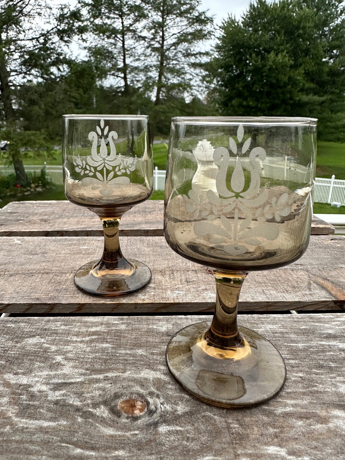 Set of 2 - Pfaltzgraff Midcentury Glass  Smoked Glass 'Village' Pattern Goblets, 8 Ounce Capacity.