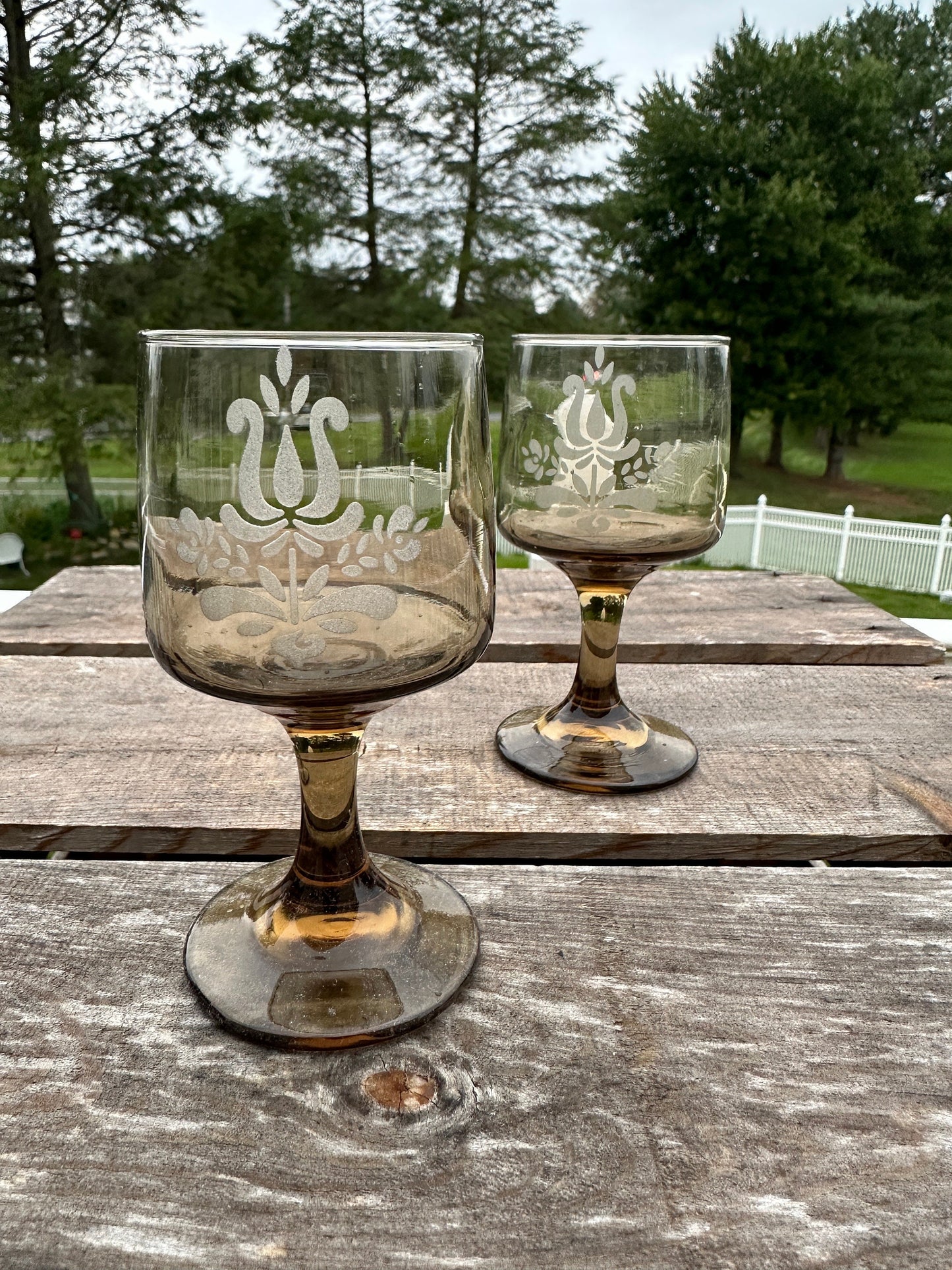 Set of 2 - Pfaltzgraff Midcentury Glass  Smoked Glass 'Village' Pattern Goblets, 8 Ounce Capacity.