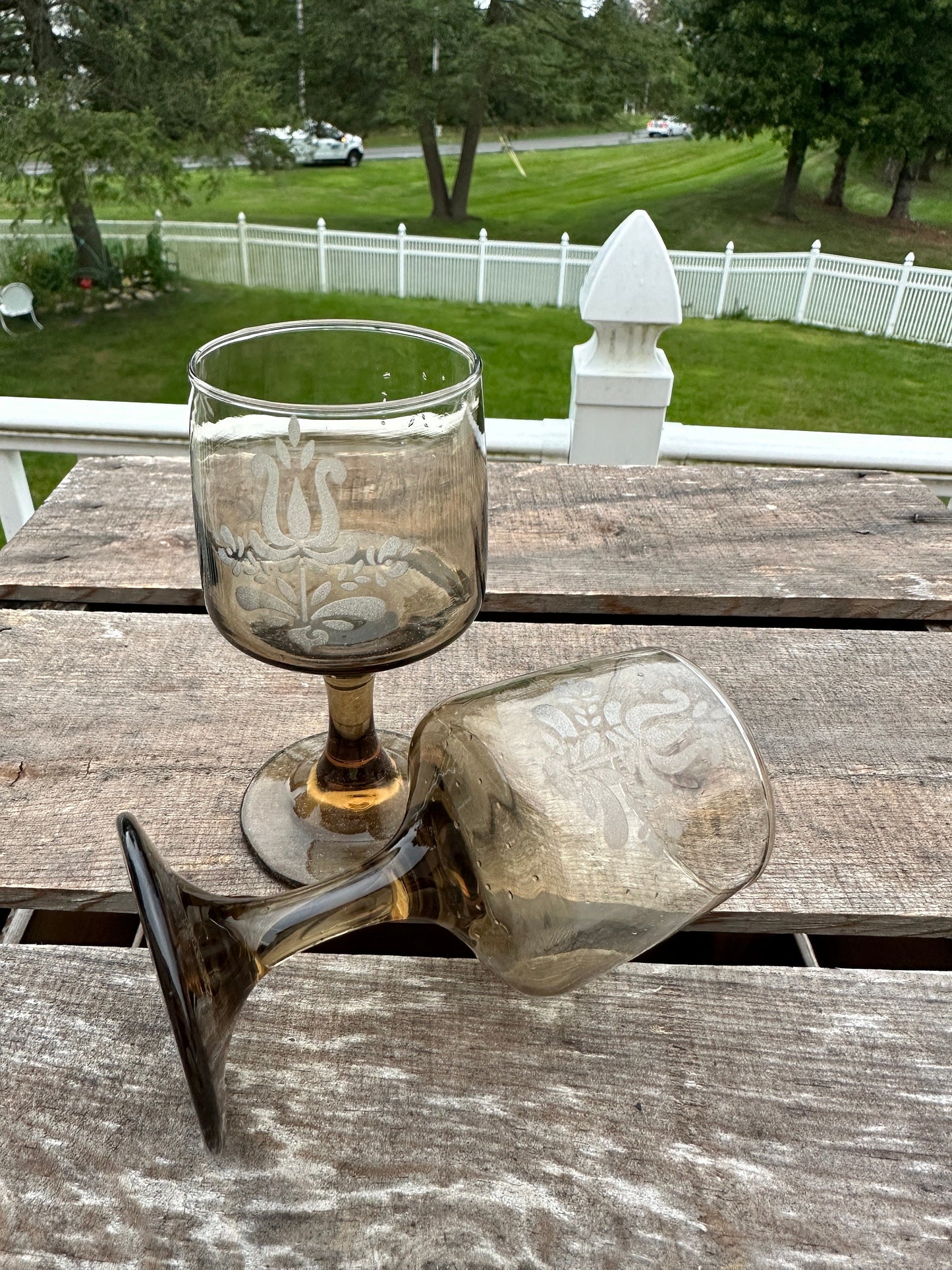 Set of 2 - Pfaltzgraff Midcentury Glass  Smoked Glass 'Village' Pattern Goblets, 8 Ounce Capacity.