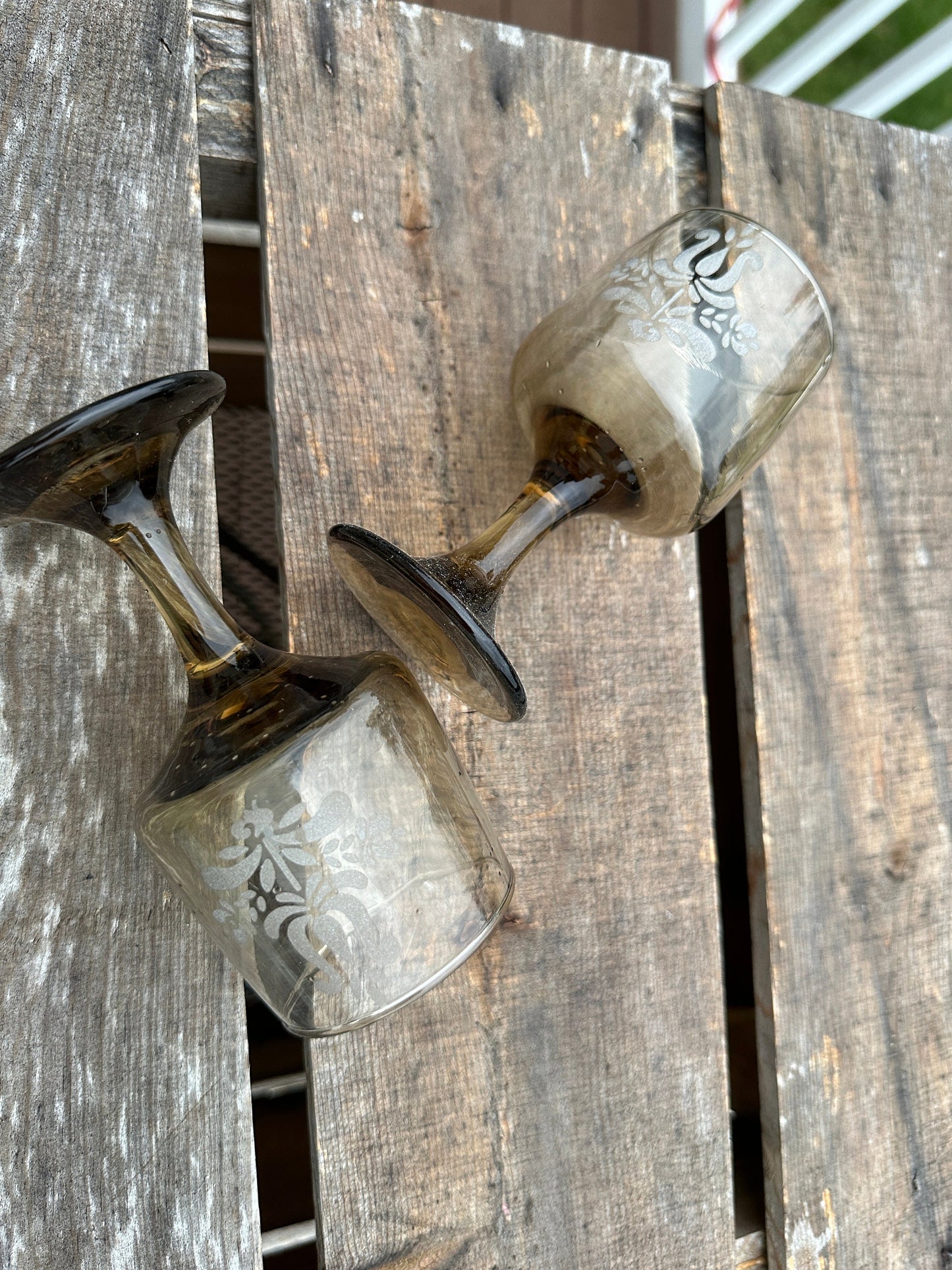 Set of 2 - Pfaltzgraff Midcentury Glass  Smoked Glass 'Village' Pattern Goblets, 8 Ounce Capacity.