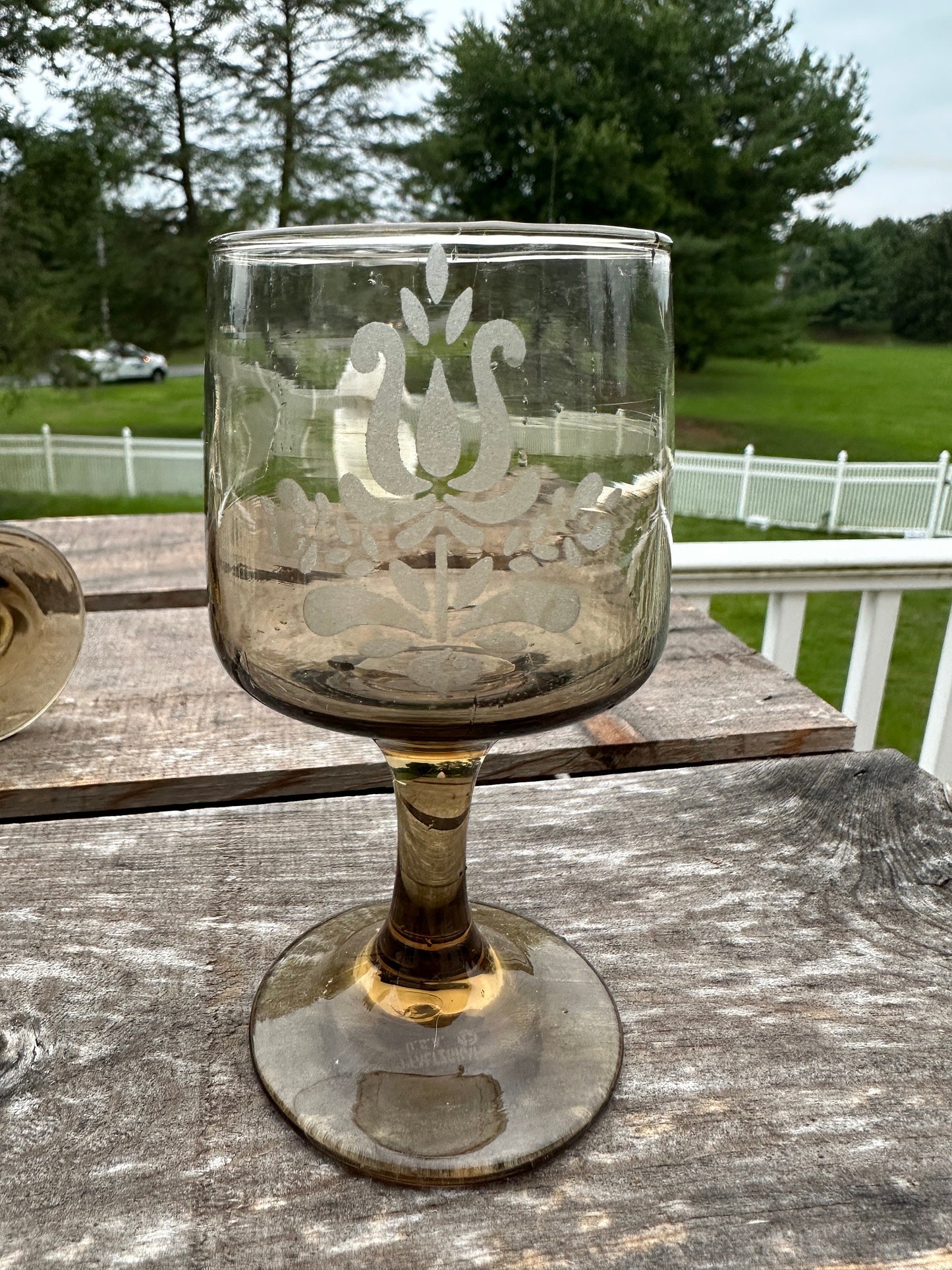 Set of 2 - Pfaltzgraff Midcentury Glass  Smoked Glass 'Village' Pattern Goblets, 8 Ounce Capacity.