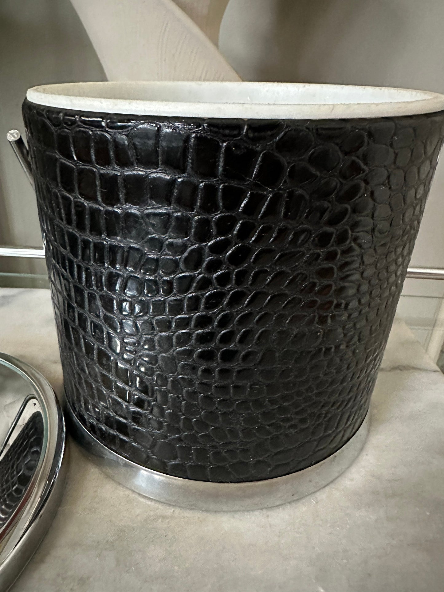 Vintage Chrome Ice Bucket: Black Faux Alligator Leather MCM Barware