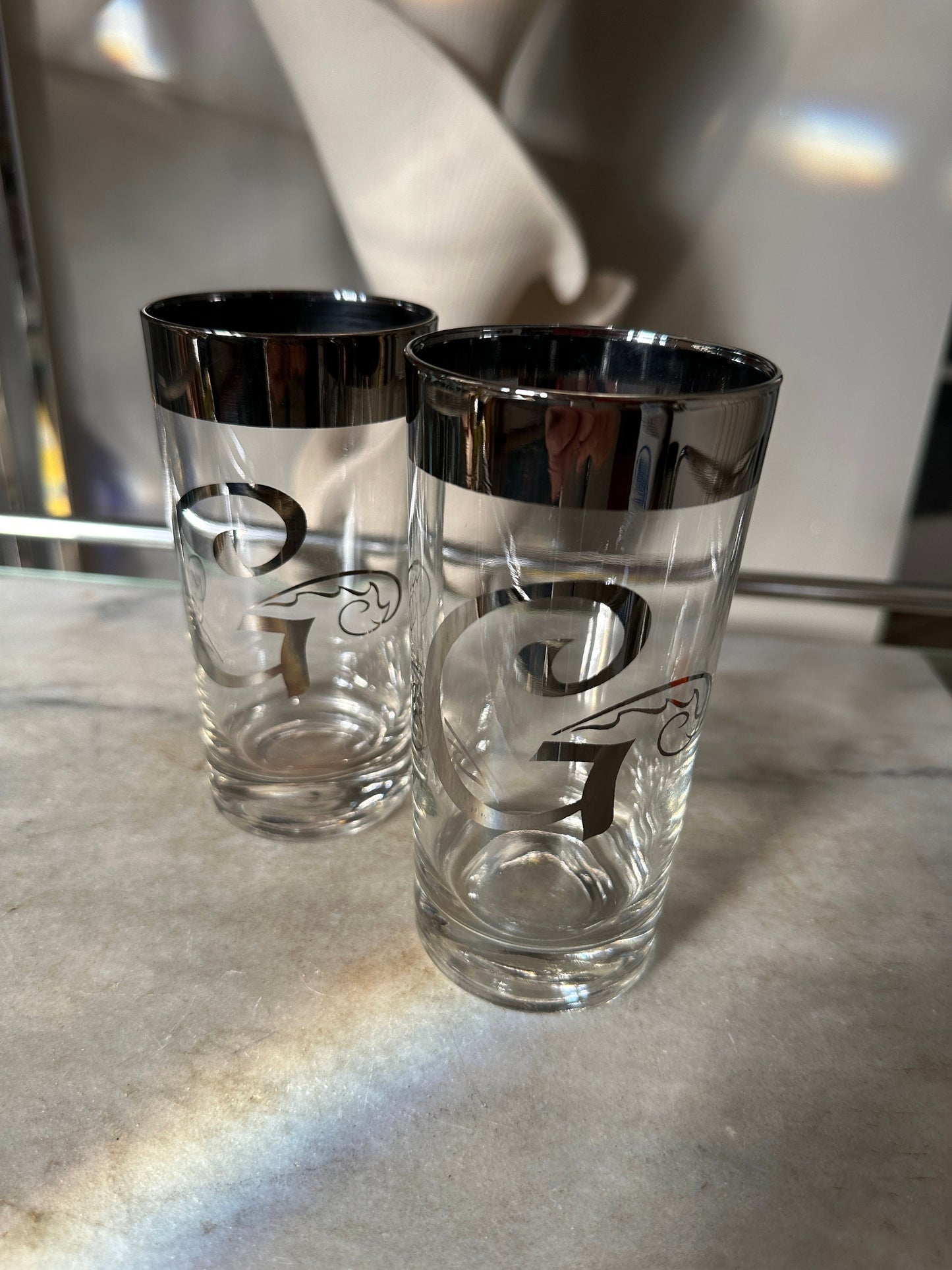 Dorothy Thorpe Style Highball Glasses: Platinum Band Monogram 'G' - Set of 2