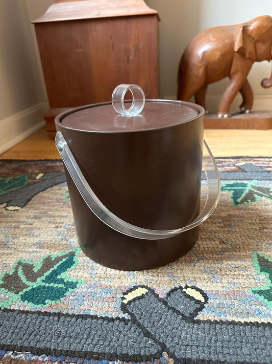 Vintage Kraftware Brown Faux Leather Acrylic and Clear Lucite Ice Bucket Barware Cocktails